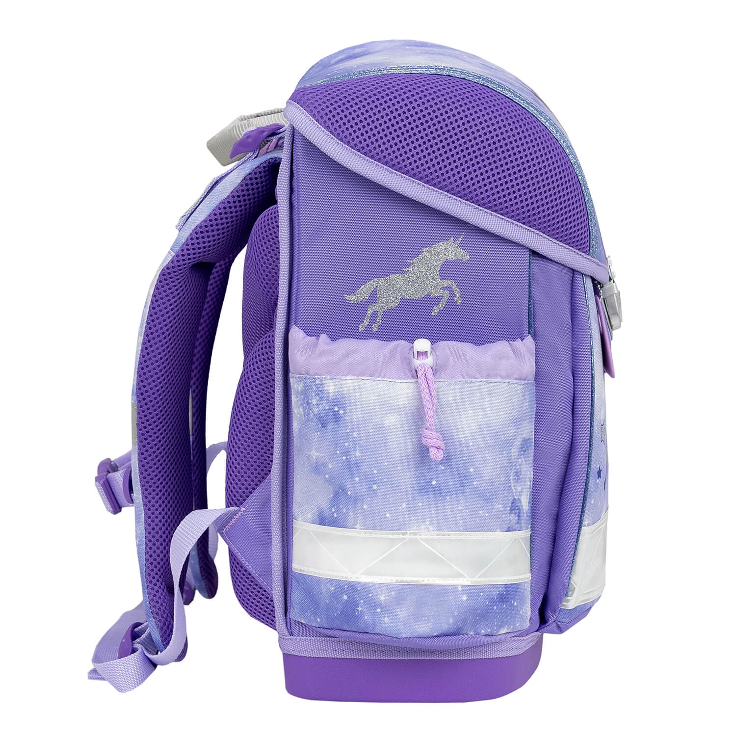 Side view of the Ergonomic School Bag Set for Girls – Belmil Classy Mistyc Luna (4 pcs) highlighting the adjustable and removable straps.