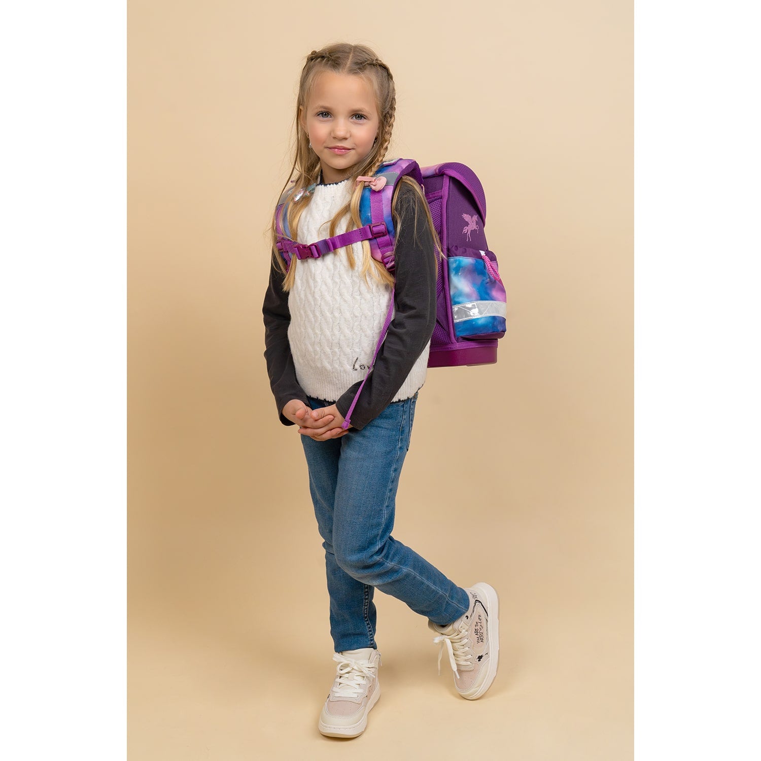 The Ergonomic School Bag Set for Girls – Belmil Classy Pegasus (5 pcs) featuring adjustable straps for a customized fit.