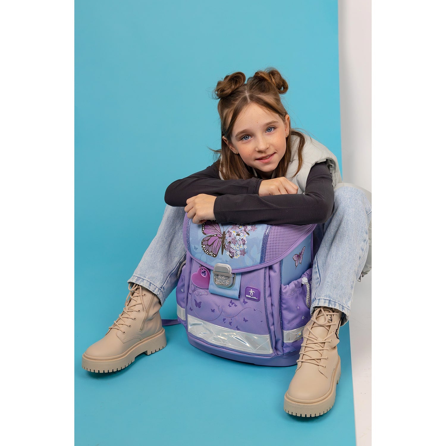 Complete collection view of The Ergonomic School Bag Set for Girls – Belmil Classy Purple Blue Butterfly (5 pcs) including the gym bag and pencil case.