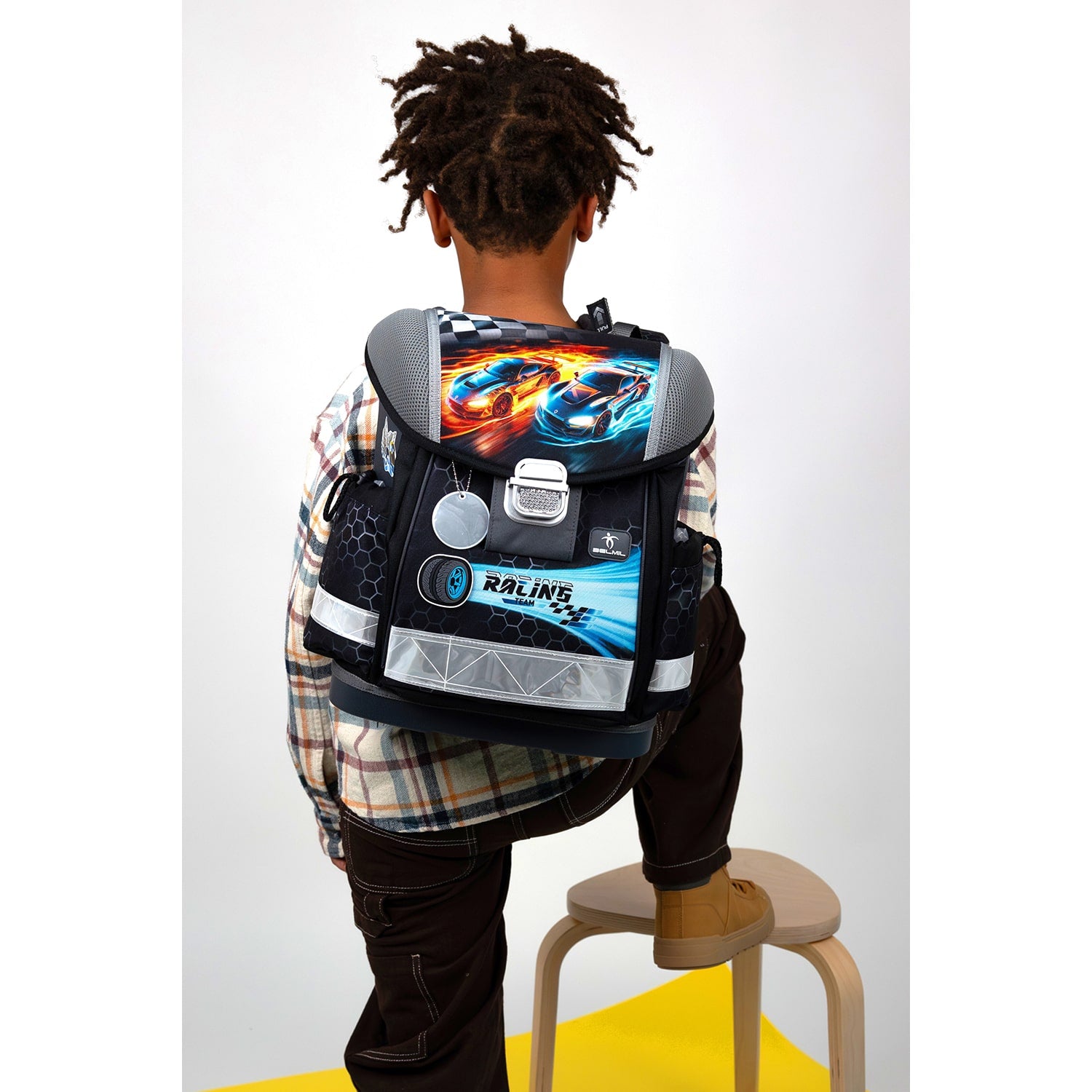 The Ergonomic School Bag Set for Boys – Belmil Classy Race it (5 pcs) showcasing the school bag's ergonomic shape and breathable back padding.