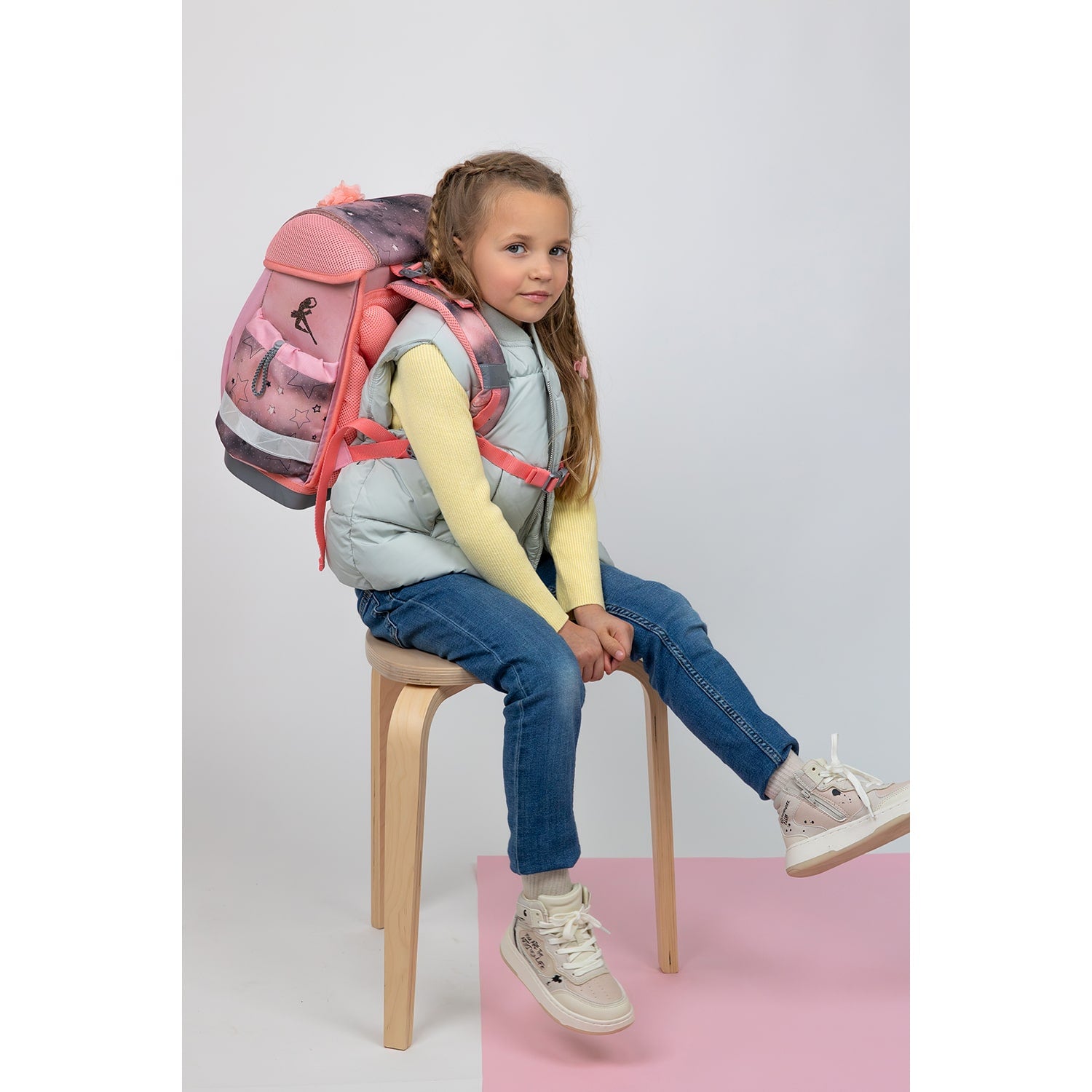 The Ergonomic School Bag Set for Girls – Belmil Classy Rose Ballet (5 pcs) showcasing the adjustable straps for a perfect fit.