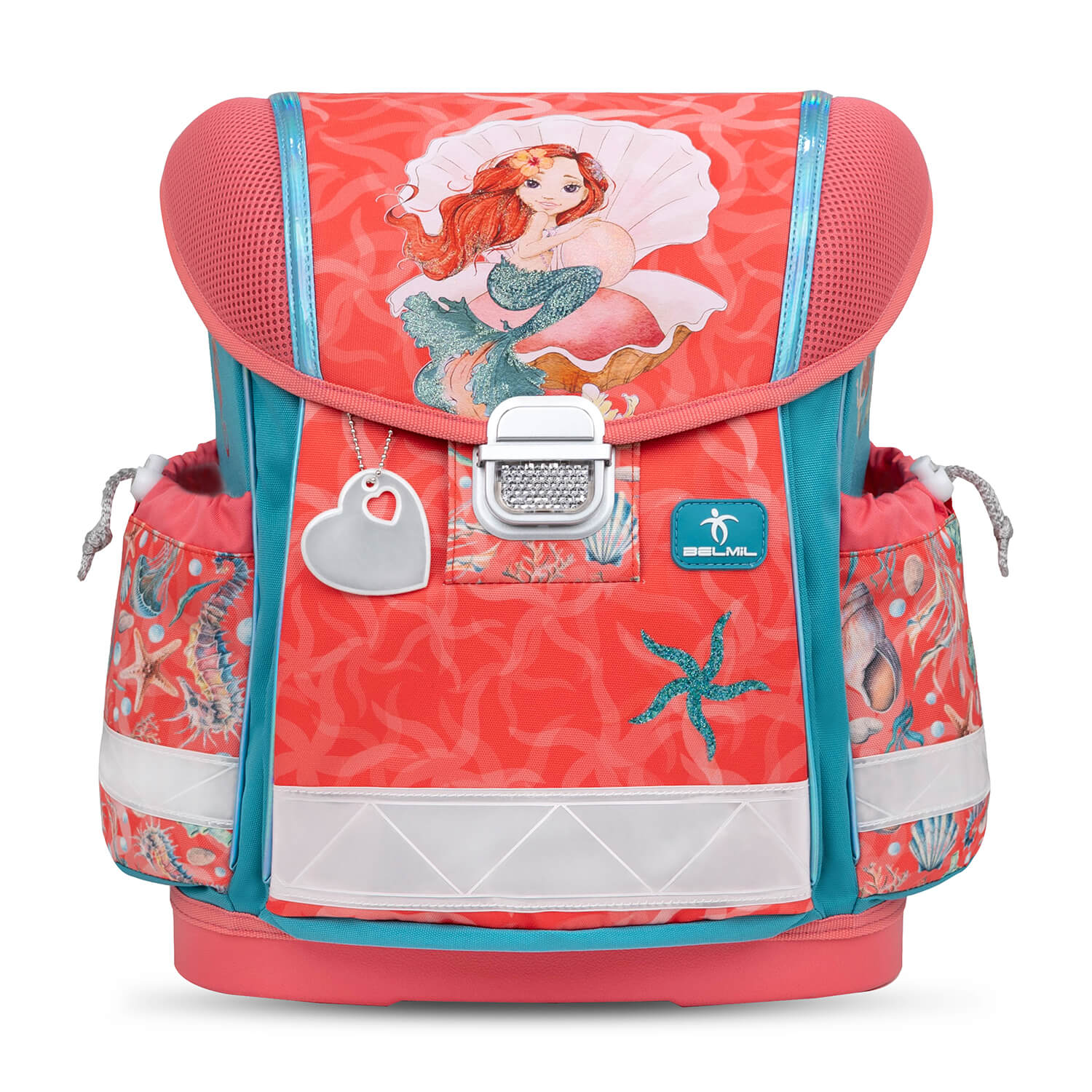 Stylish and spacious Ergonomic School Bag Set for Girls – Belmil Classy Sea Queen (4 pcs) showcasing multiple compartments and side pockets.
