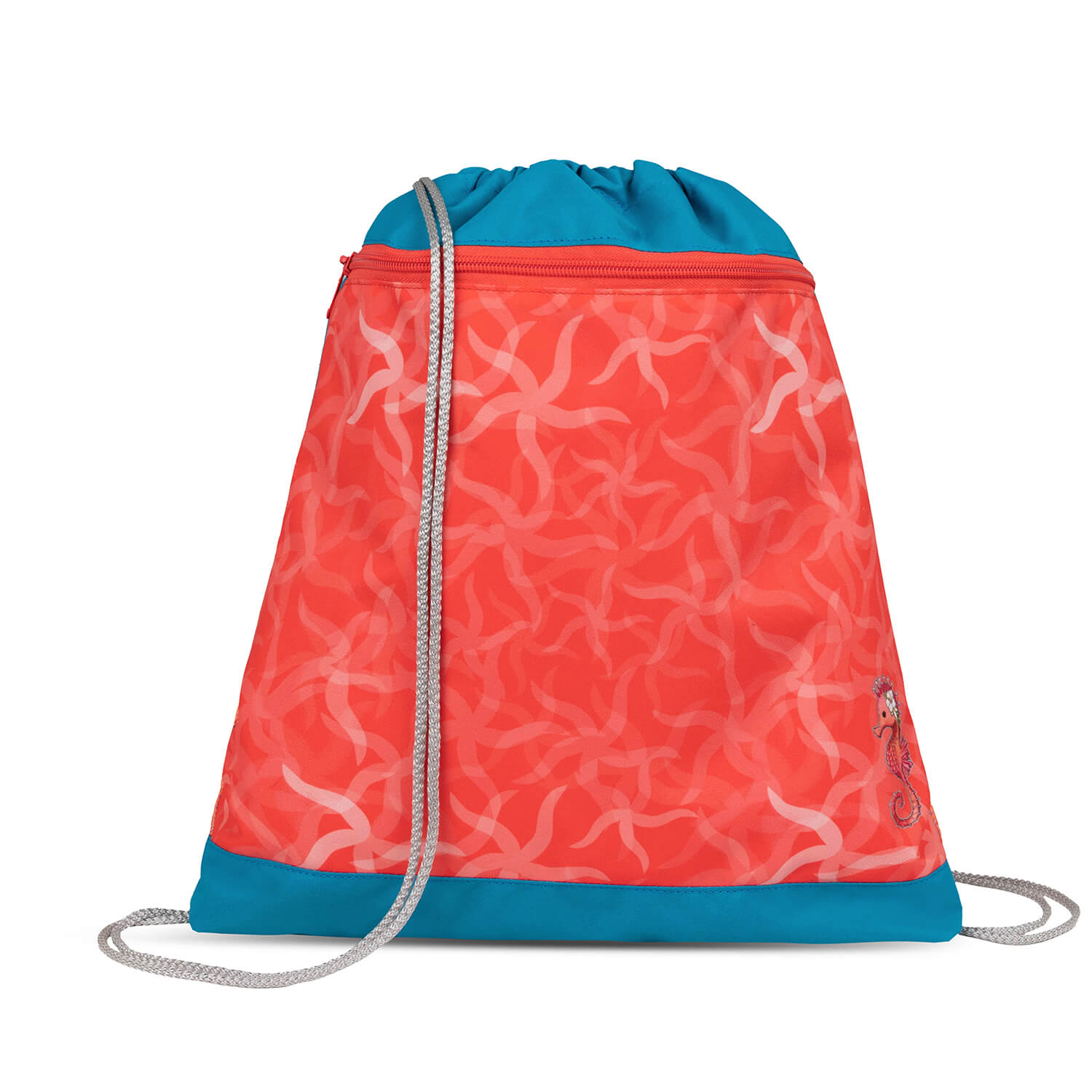 Close up of the vibrant coral and turquoise design of the Ergonomic School Bag Set for Girls – Belmil Classy Sea Queen (4 pcs) with sea creature details.