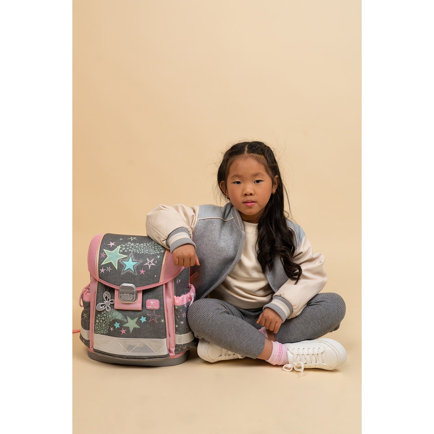The Ergonomic School Bag Set for Girls – Belmil Classy Shine Bright (5 pcs) featuring the ergonomic school bag with breathable padded back designed for first graders.
