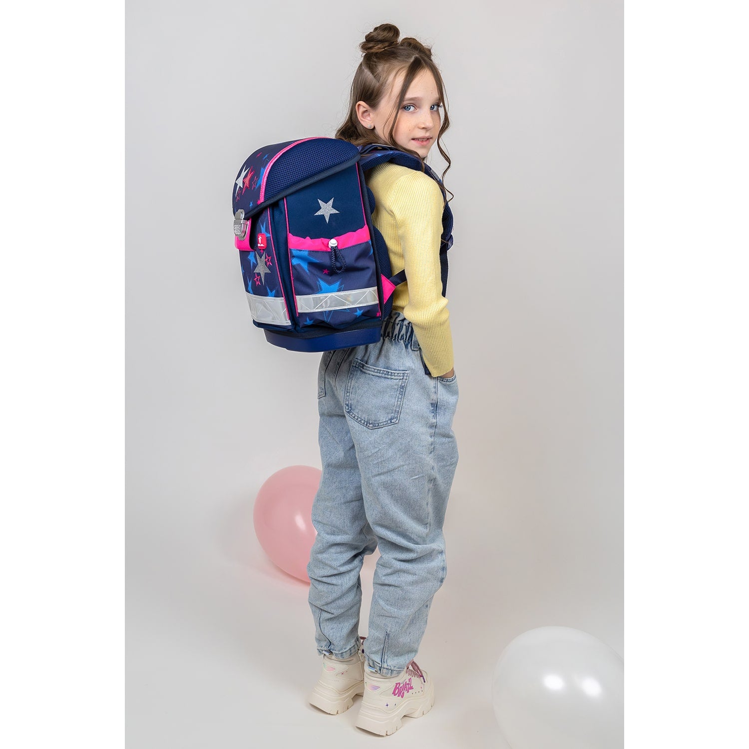 The Ergonomic School Bag Set for Girls – Belmil Classy Sparkling Star (5 pcs) with removable chest and shoulder straps for adjustable comfort.