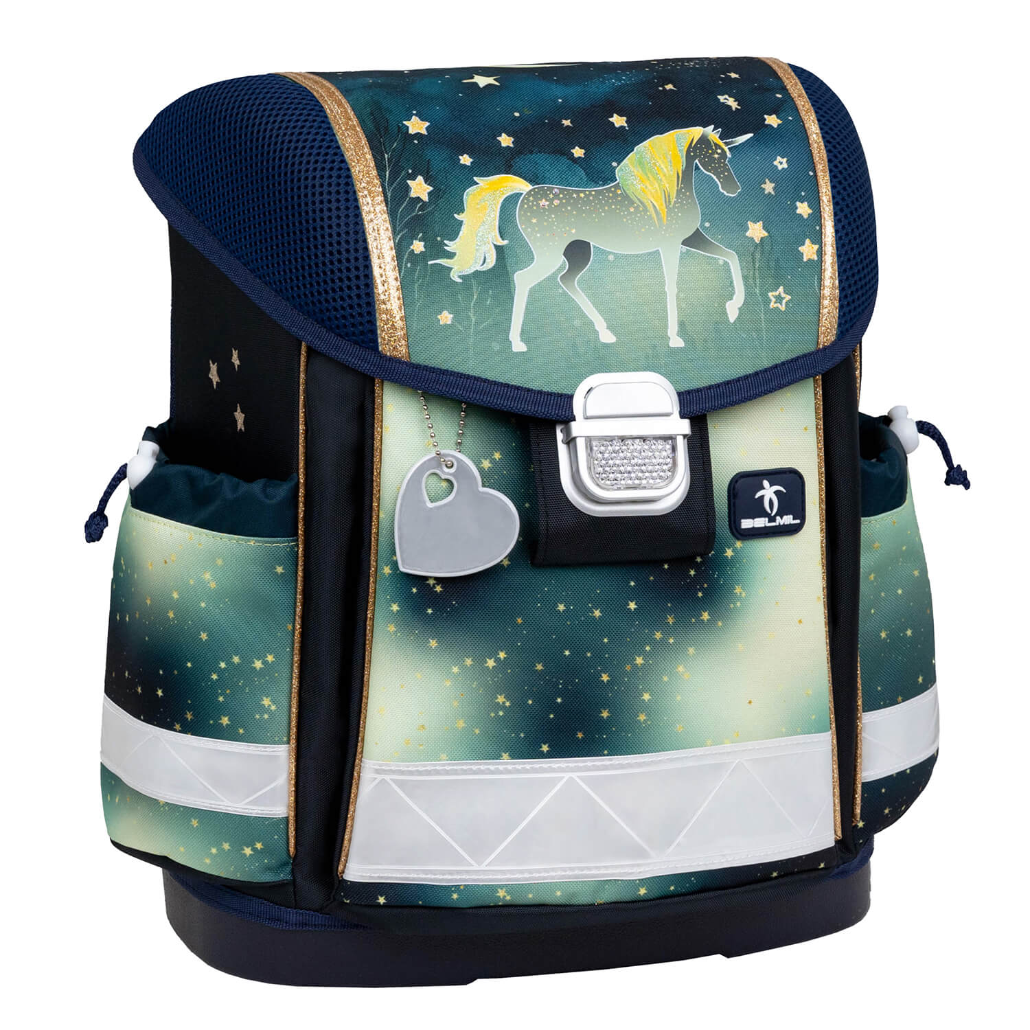 Inside view of the Ergonomic School Bag Set for Girls – Belmil Classy Sparkling Unicorn (4 pcs) showing spacious compartments.