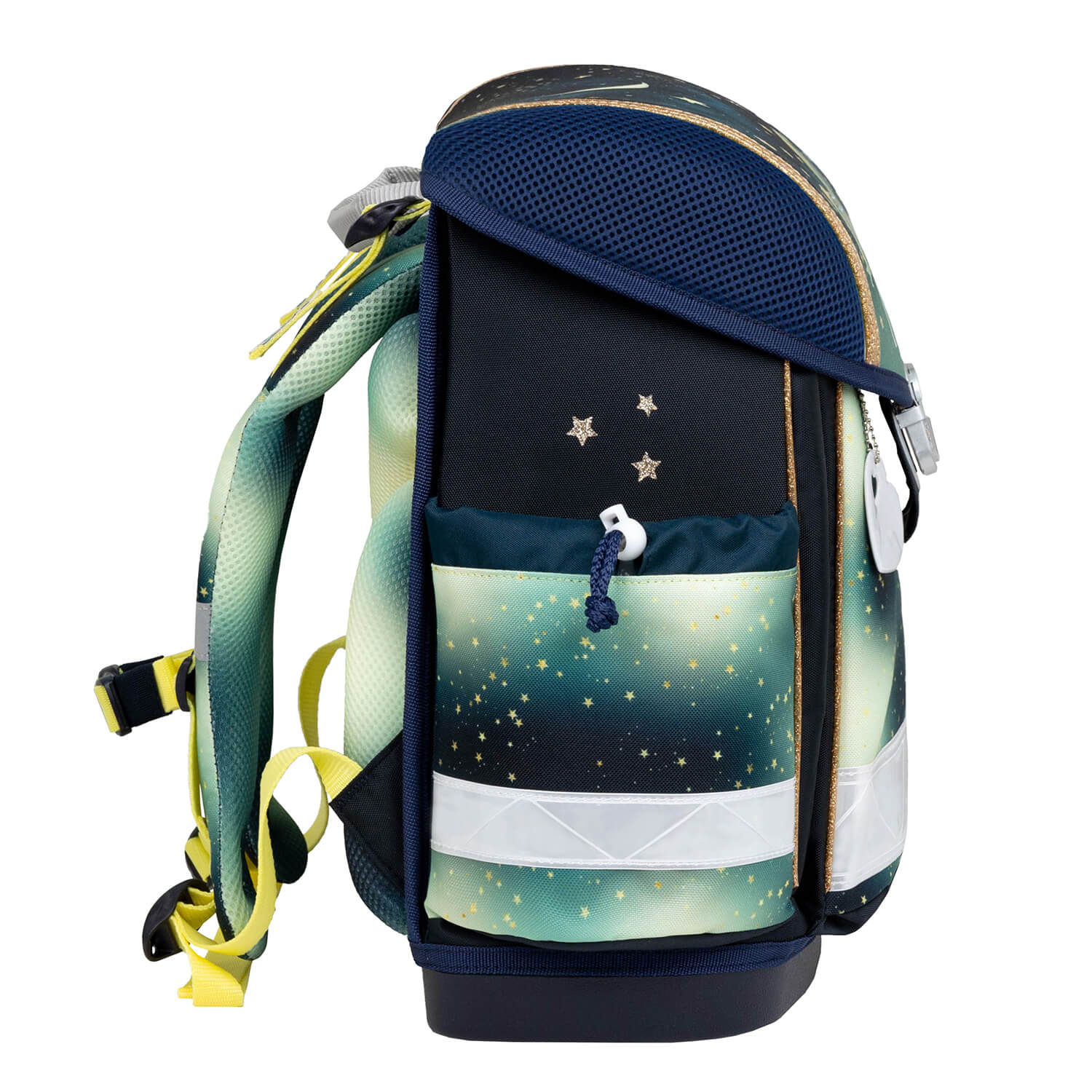 The fashionable design of the Ergonomic School Bag Set for Girls – Belmil Classy Sparkling Unicorn (4 pcs) featuring a unicorn and star theme.