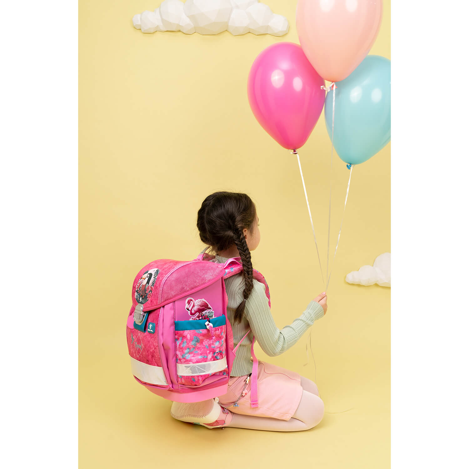 Reflective elements on the Ergonomic School Bag Set for Girls – Belmil Classy Tropical Toucan (4 pcs) ensuring safety for children.
