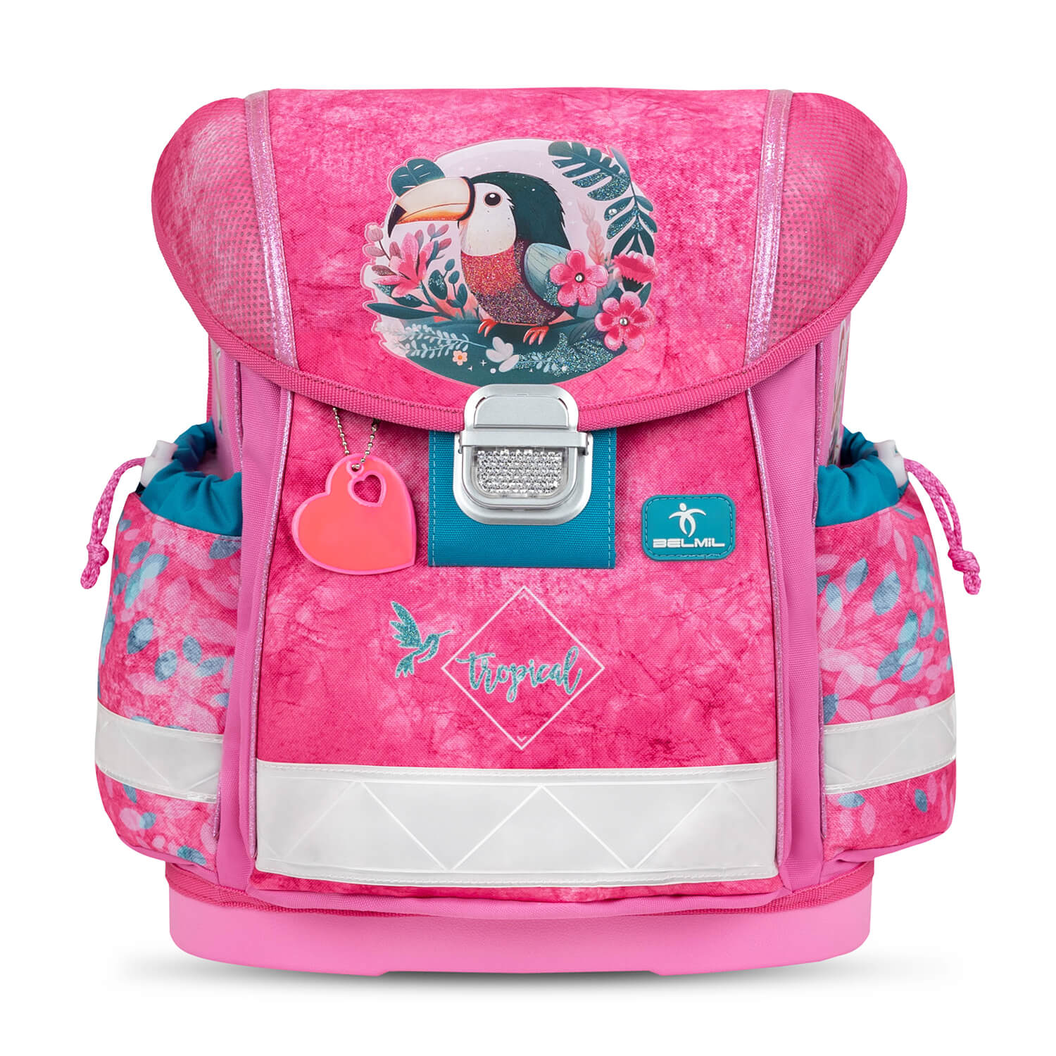 The complete Ergonomic School Bag Set for Girls – Belmil Classy Tropical Toucan (4 pcs) including school bag, gym bag, and pencil cases.