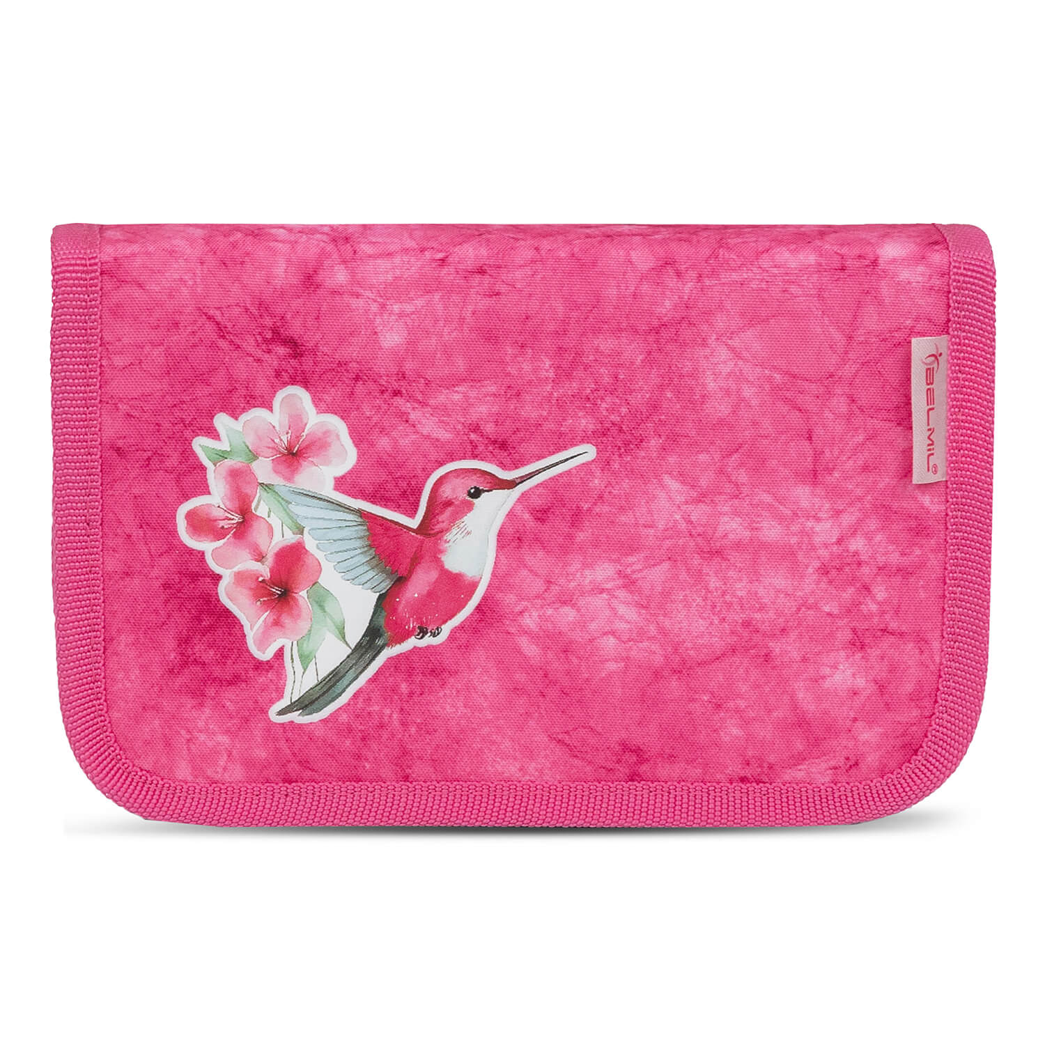 Bright and cheerful design of the Ergonomic School Bag Set for Girls – Belmil Classy Tropical Toucan (4 pcs) with tropical flowers.
