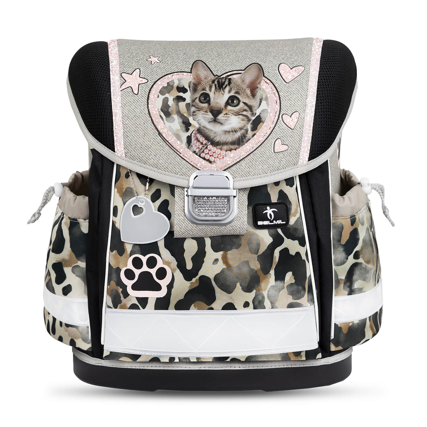 Organized interior of the Ergonomic School Bag Set for Girls – Belmil Classy Wild Cat (4 pcs) illustrating multiple compartments for books and supplies.