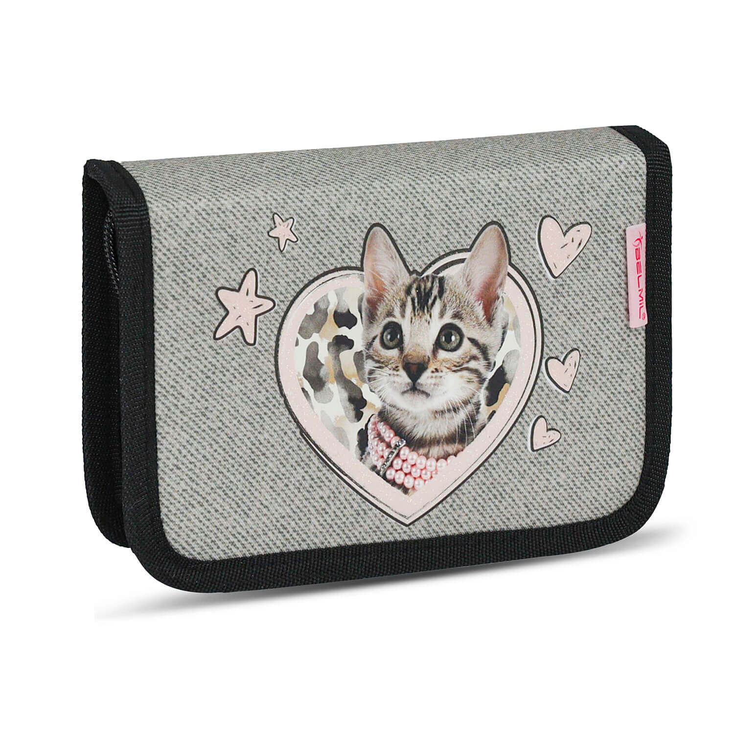 A vibrant view of the Ergonomic School Bag Set for Girls – Belmil Classy Wild Cat (4 pcs) featuring its wild leopard-print details and playful kitten motifs.