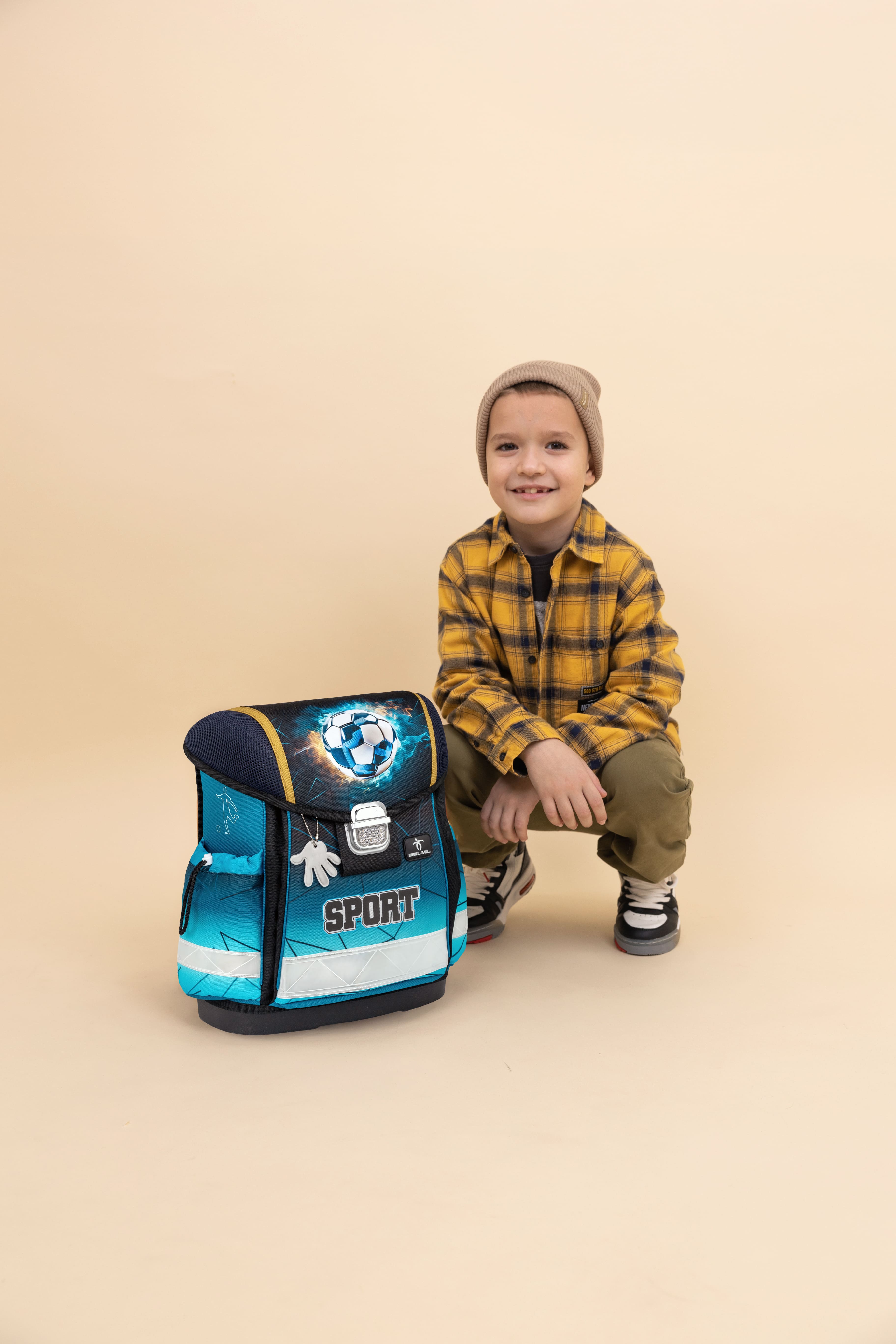 Front view of The Ergonomic School Bag Set for Boys – Belmil Classy Fire Football (5 pcs) emphasizing its ergonomic design and features.