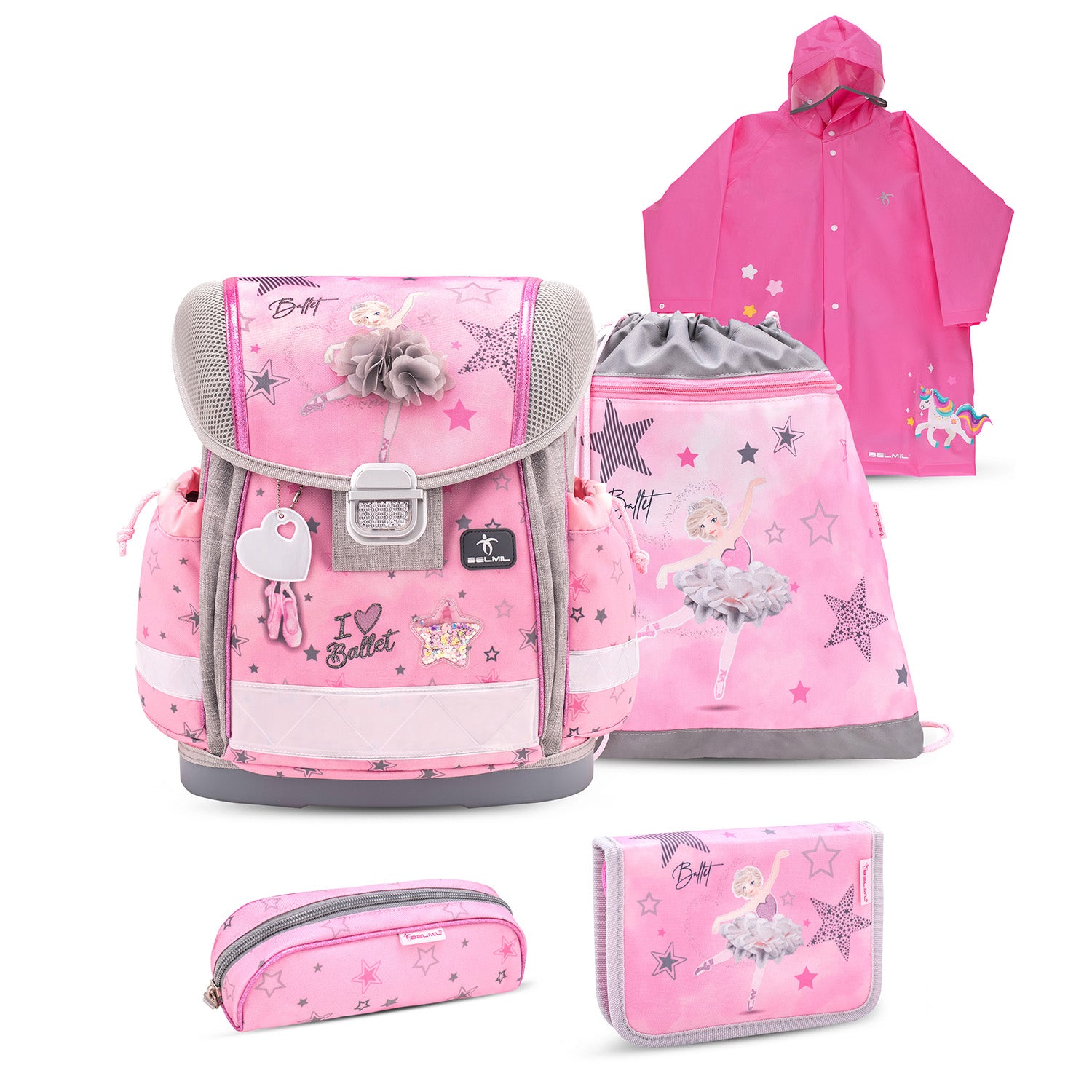 Belmil Classy Ergonomic School Bag Set for Girls “Ballet Light Pink” Design + Unicorn Raincoat – 5-Piece Back-to-School Bundle showcasing lightweight ergonomic design with grey accents.