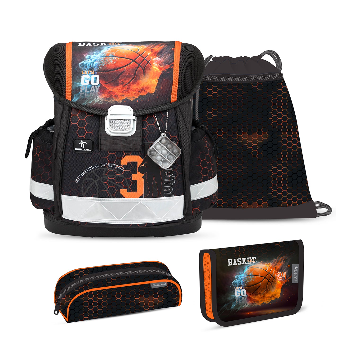 Ergonomisches Schulranzen-Set für Jungen – Belmil Classy Basket Inferno (4-tlg.)