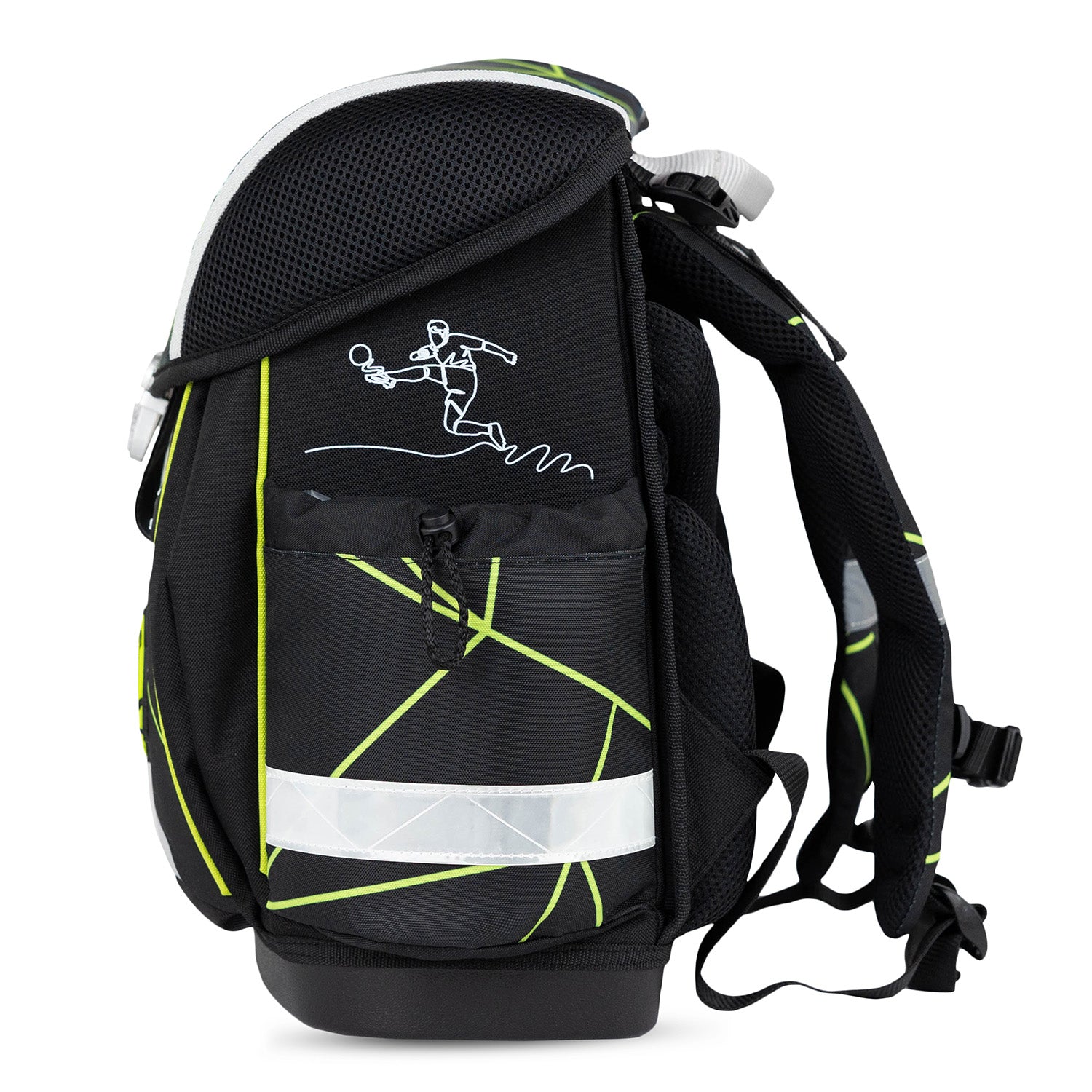 The Belmil Classy Ergonomic School Bag Set for Boys “Champion's Kick” Design + Dinosaur Raincoat – 5-Piece Back-to-School Bundle displayed on a desk with school supplies.