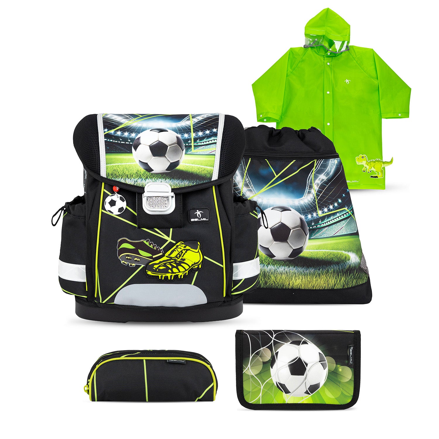 Belmil Classy Ergonomic School Bag Set for Boys “Champion's Kick” Design + Dinosaur Raincoat – 5-Piece Back-to-School Bundle featuring a sporty football design with neon green accents.