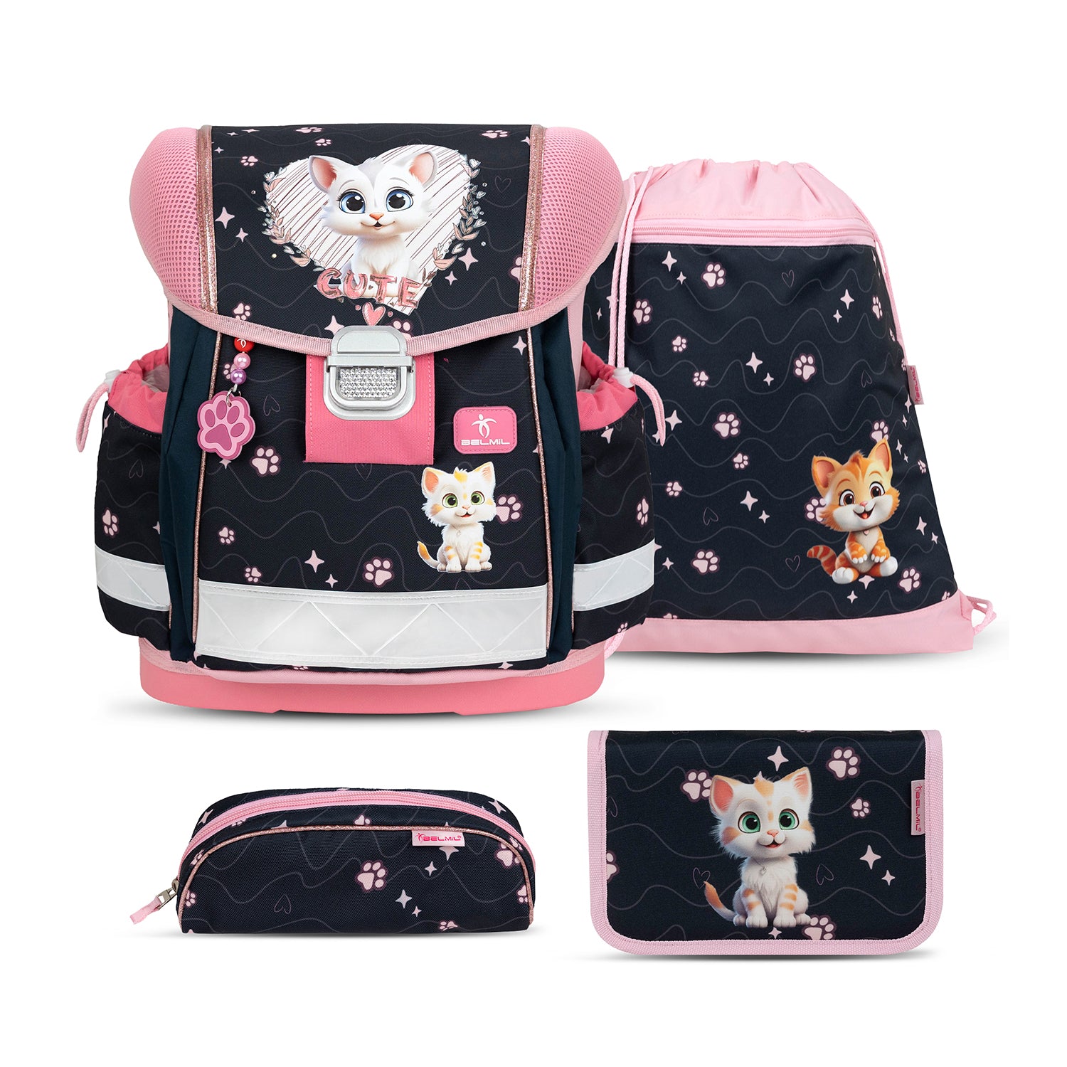 Ergonomic School Bag Set for Girls – Belmil Classy Cute Kitten Pinky (4 pcs)