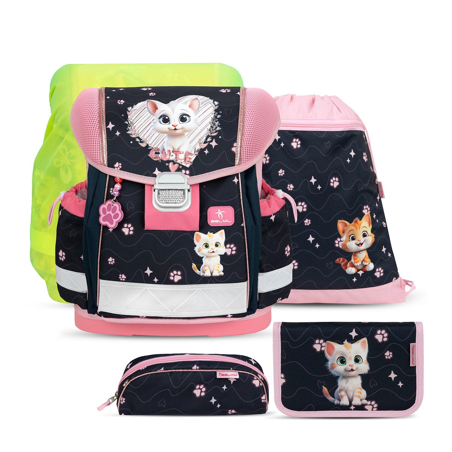 Ergonomic School Bag Set for Girls – Belmil Classy Cute Kitten Pinky with raincover (5 pcs)