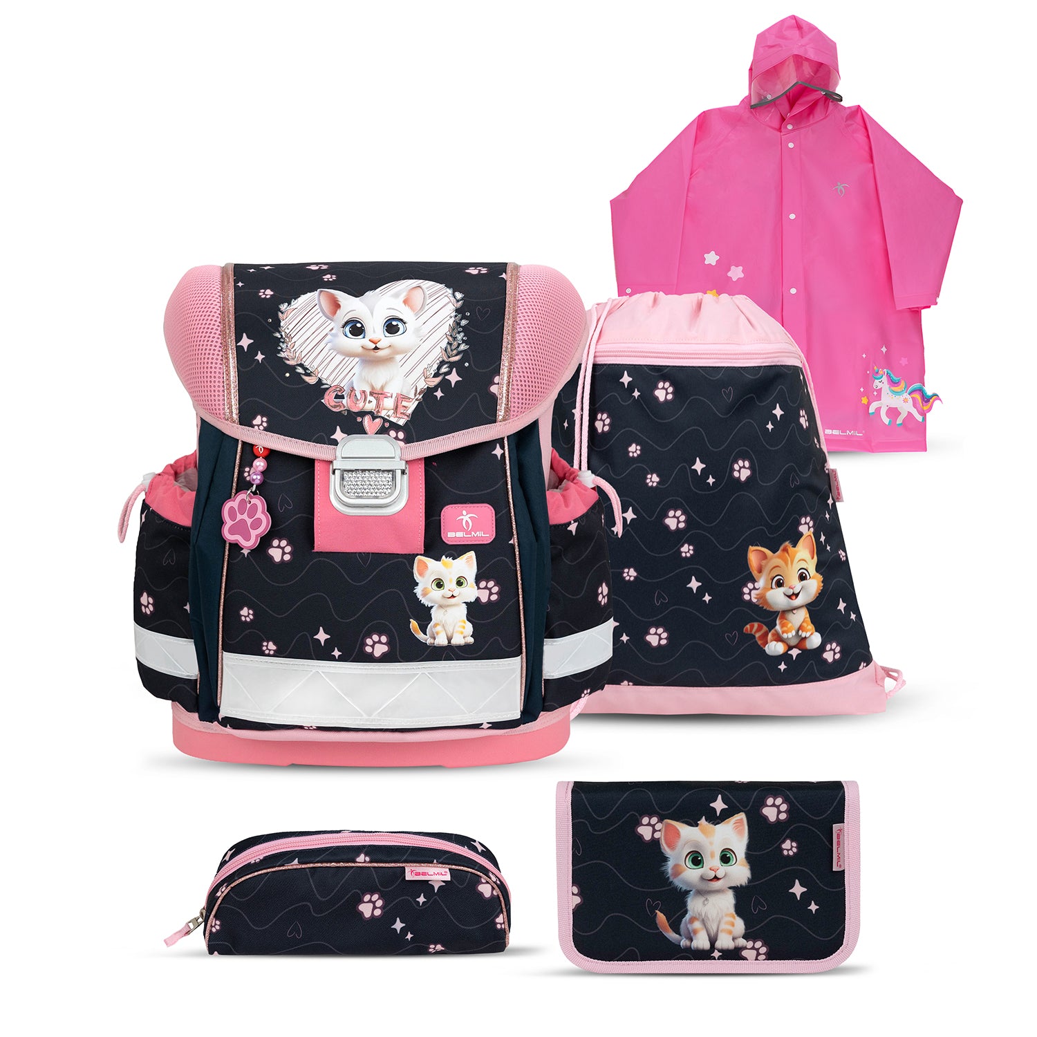 Belmil Classy Ergonomic School Bag Set for Girls “Cute Kitten Pinky” Design + Unicorn Raincoat – 5-Piece Back-to-School Bundle