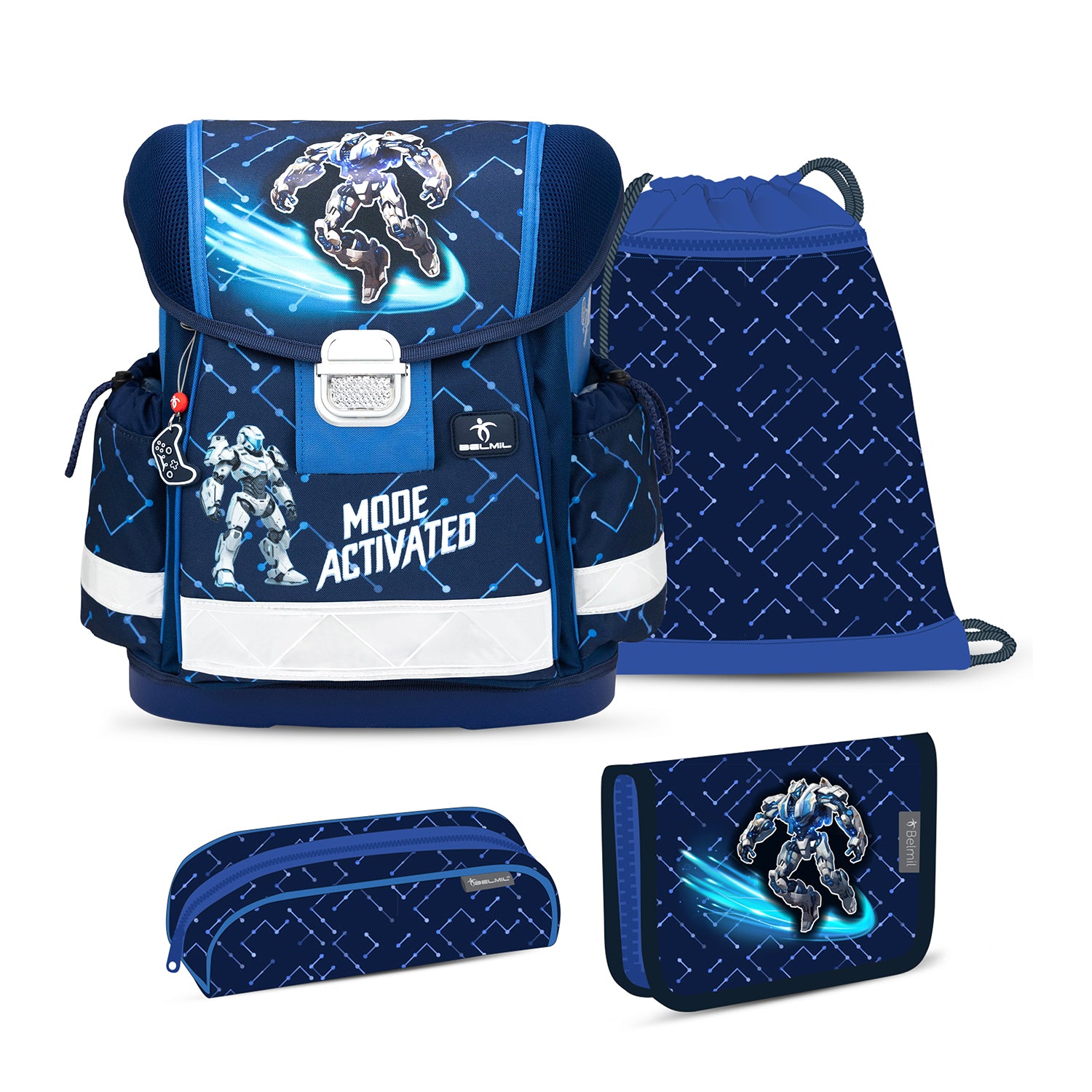 Ergonomic School Bag Set for Boys– Belmil Classy CyberNova (4 pcs) with futuristic robot design and glowing blue effects.
