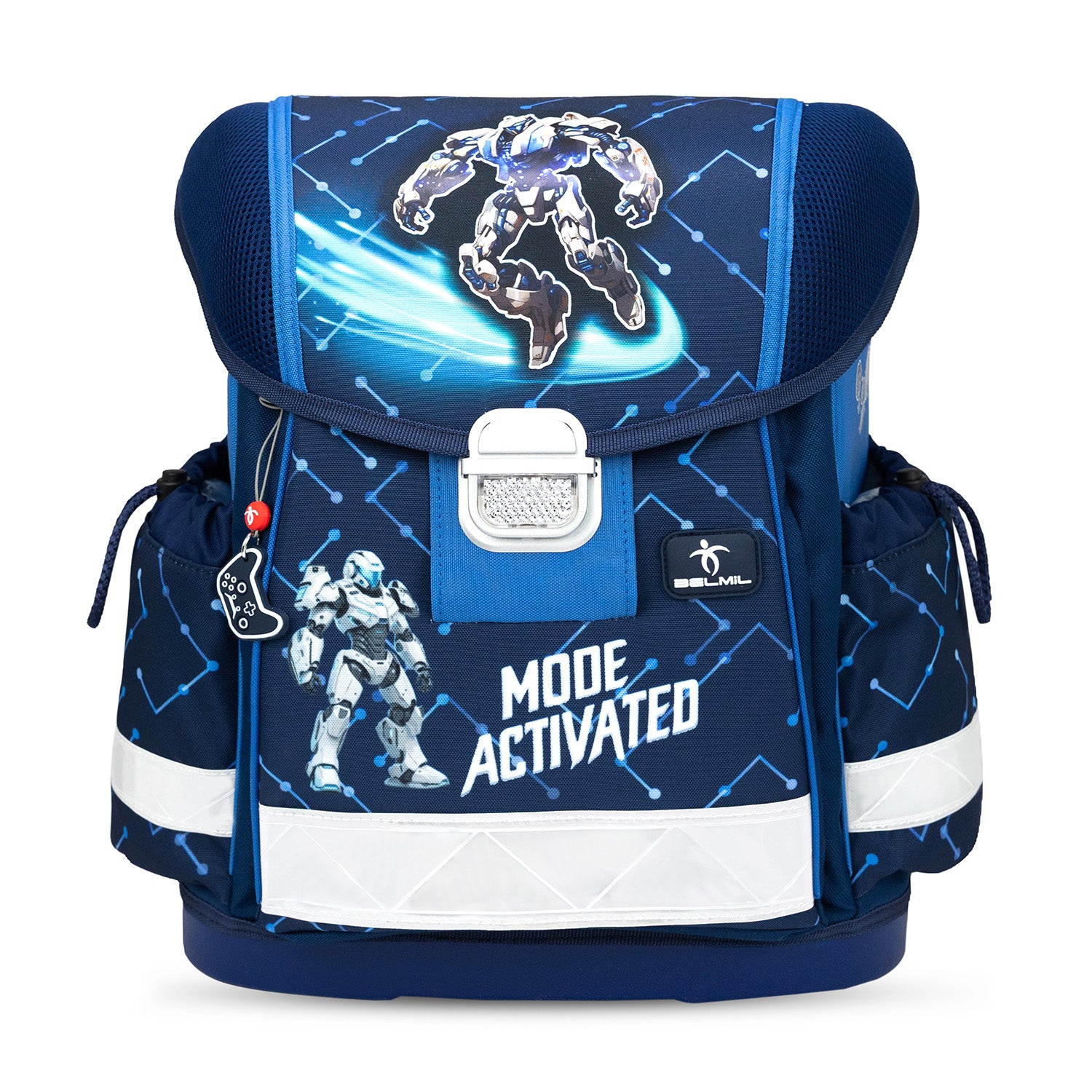 Inside view of the Ergonomic School Bag Set for Boys– Belmil Classy CyberNova (4 pcs) showcasing multiple compartments.