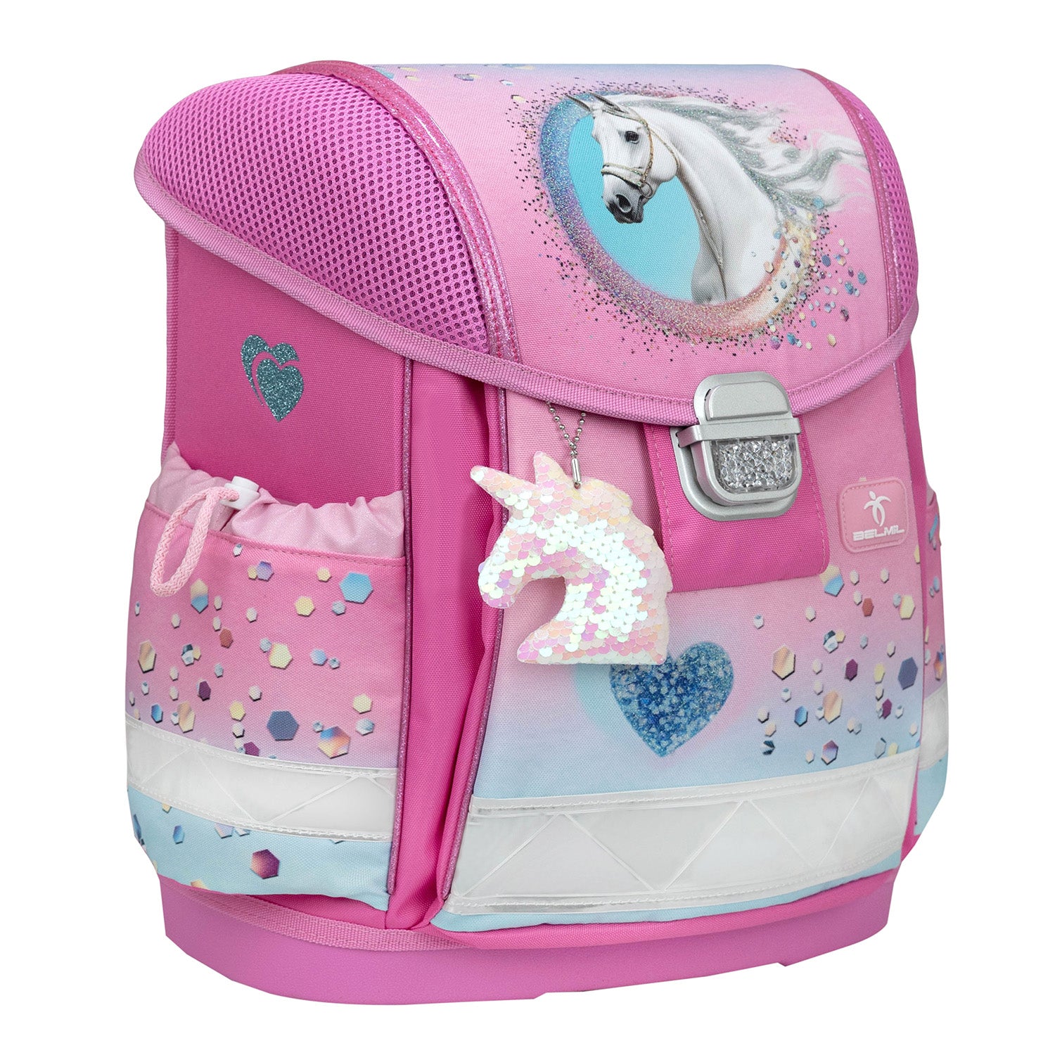 Close-up of the adjustable shoulder straps on the Ergonomic School Bag Set for Girls – Belmil Classy Dream Hooves - Pinky (4 pcs) designed for comfort.