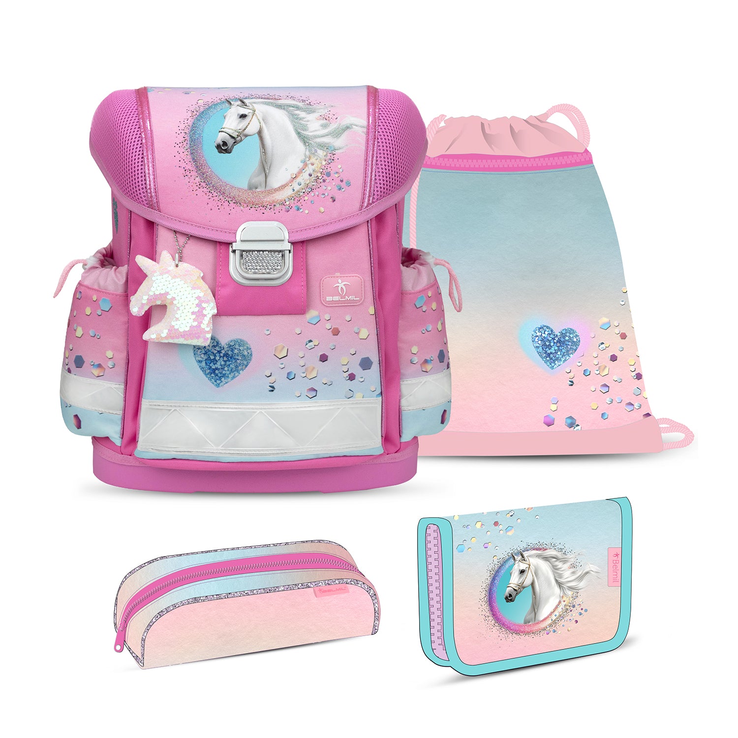 Ergonomic School Bag Set for Girls – Belmil Classy Dream Hooves - Pinky (4 pcs) showing a stylish design with a white horse motif.