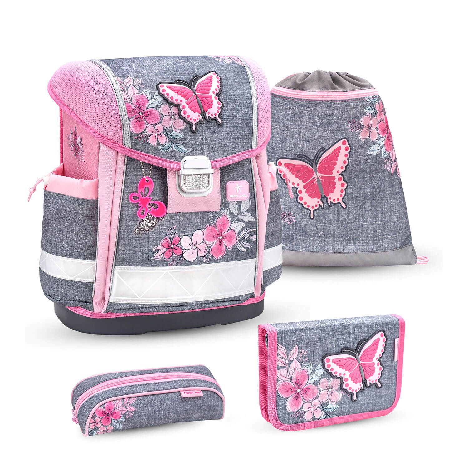 Ergonomic School Bag Set for Girls – Belmil Classy Elegant (4 pcs) shown in a stylish layout with floral motifs.