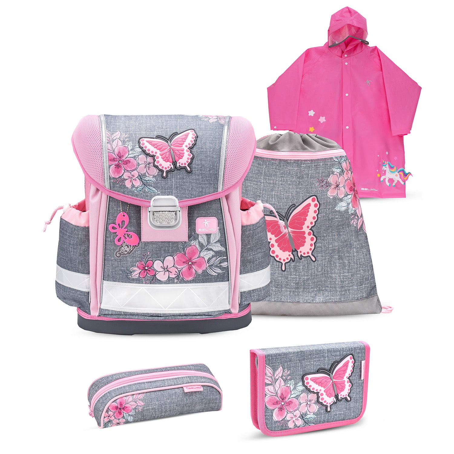 Belmil Classy Ergonomic School Bag Set for Girls “Elegant” Design featuring a stylish grey and pink school bag, perfect for kids' back-to-school needs.