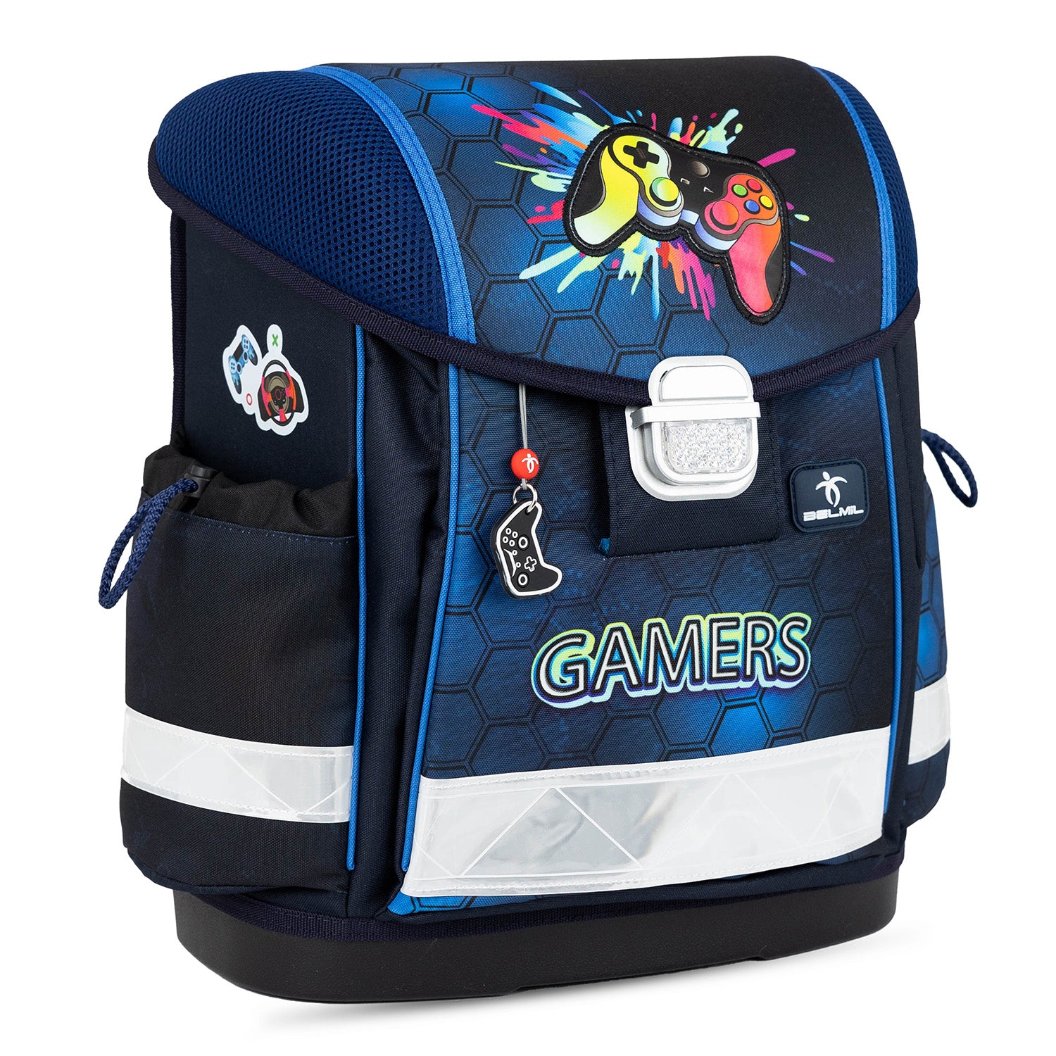 Detailed view of the Belmil Classy Ergonomic School Bag Set for Boys “Game On!” Design + Dinosaur Raincoat – 5-Piece Back-to-School Bundle showcasing padded shoulder straps and reflective elements for safety.