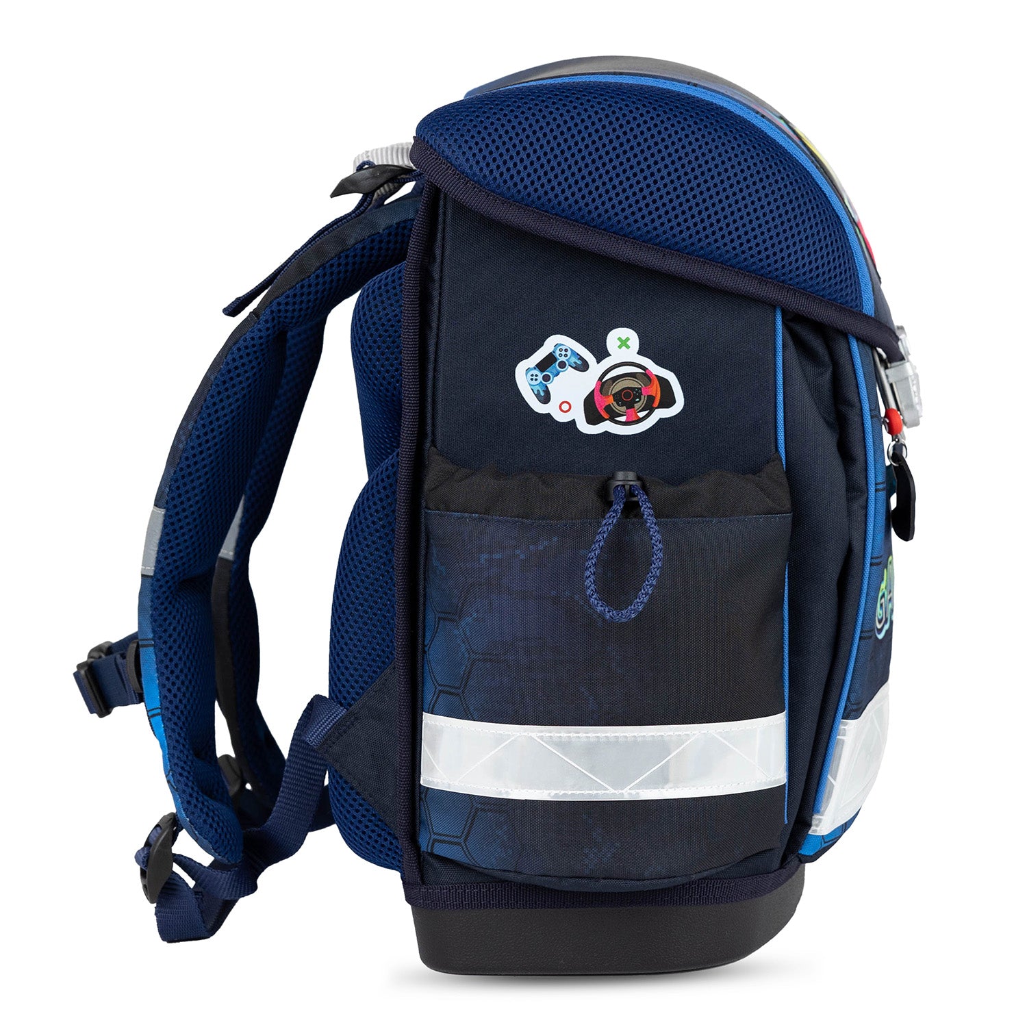 Bright and fun design of the Belmil Classy Ergonomic School Bag Set for Boys “Game On!” Design + Dinosaur Raincoat – 5-Piece Back-to-School Bundle, highlighting the vibrant colors and gaming controller graphics.