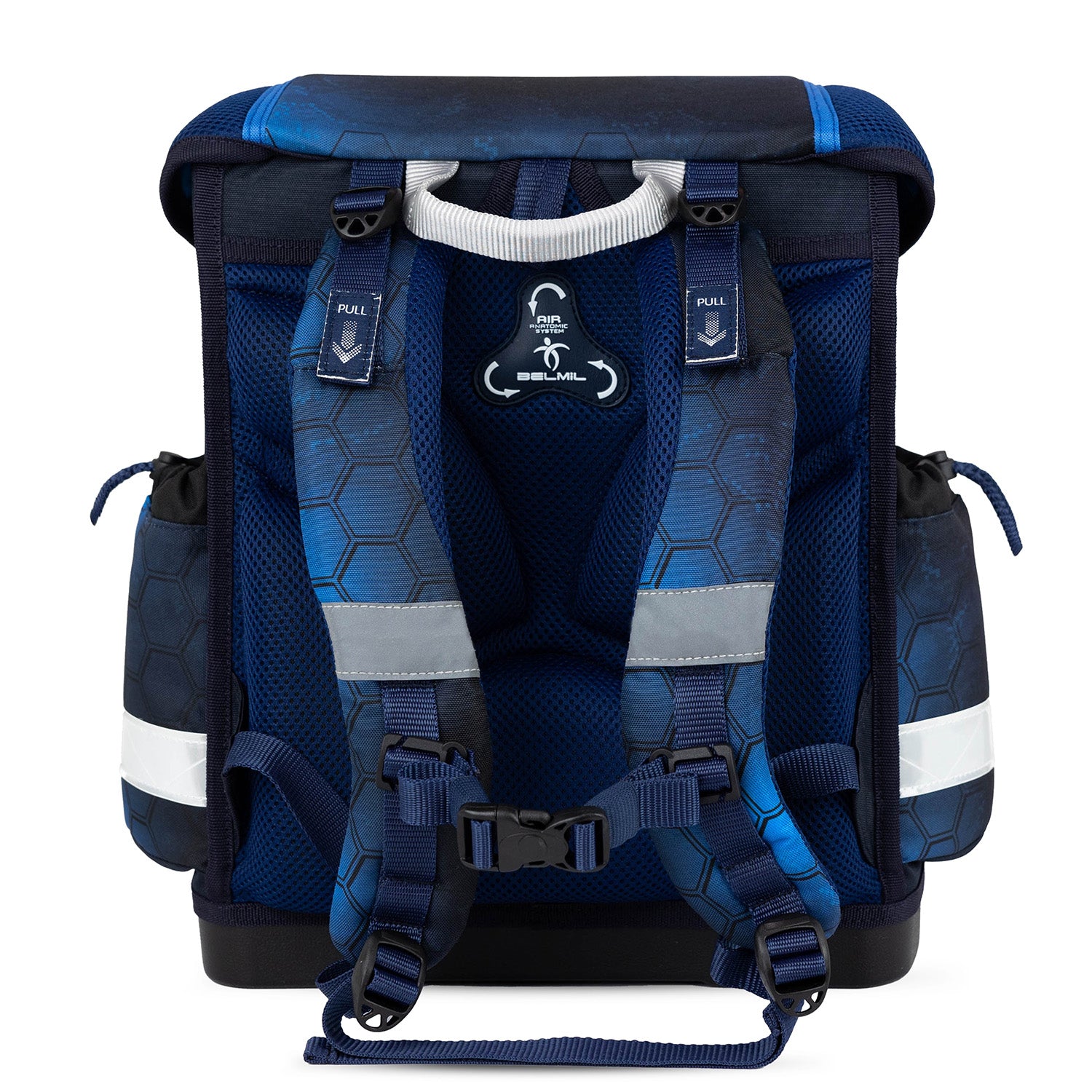 Product showcase of the Belmil Classy Ergonomic School Bag Set for Boys “Game On!” Design + Dinosaur Raincoat – 5-Piece Back-to-School Bundle showing various compartments for organizational convenience.