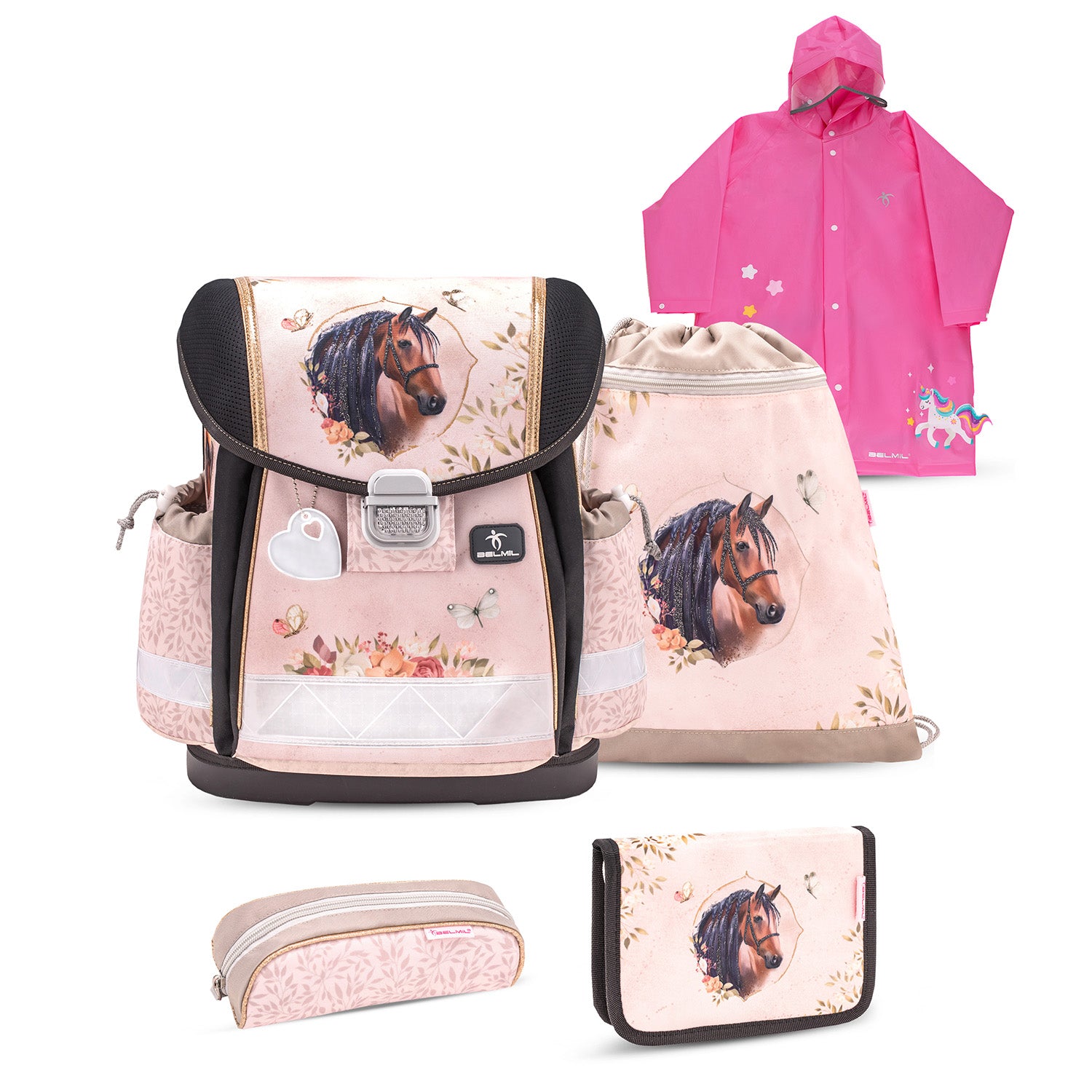 Belmil Classy Ergonomic School Bag Set for Girls “Horse Chestnut” Design + Unicorn Raincoat – 5-Piece Back-to-School Bundle showing the complete set layout with colorful school backpack, gym bag, and accessories.