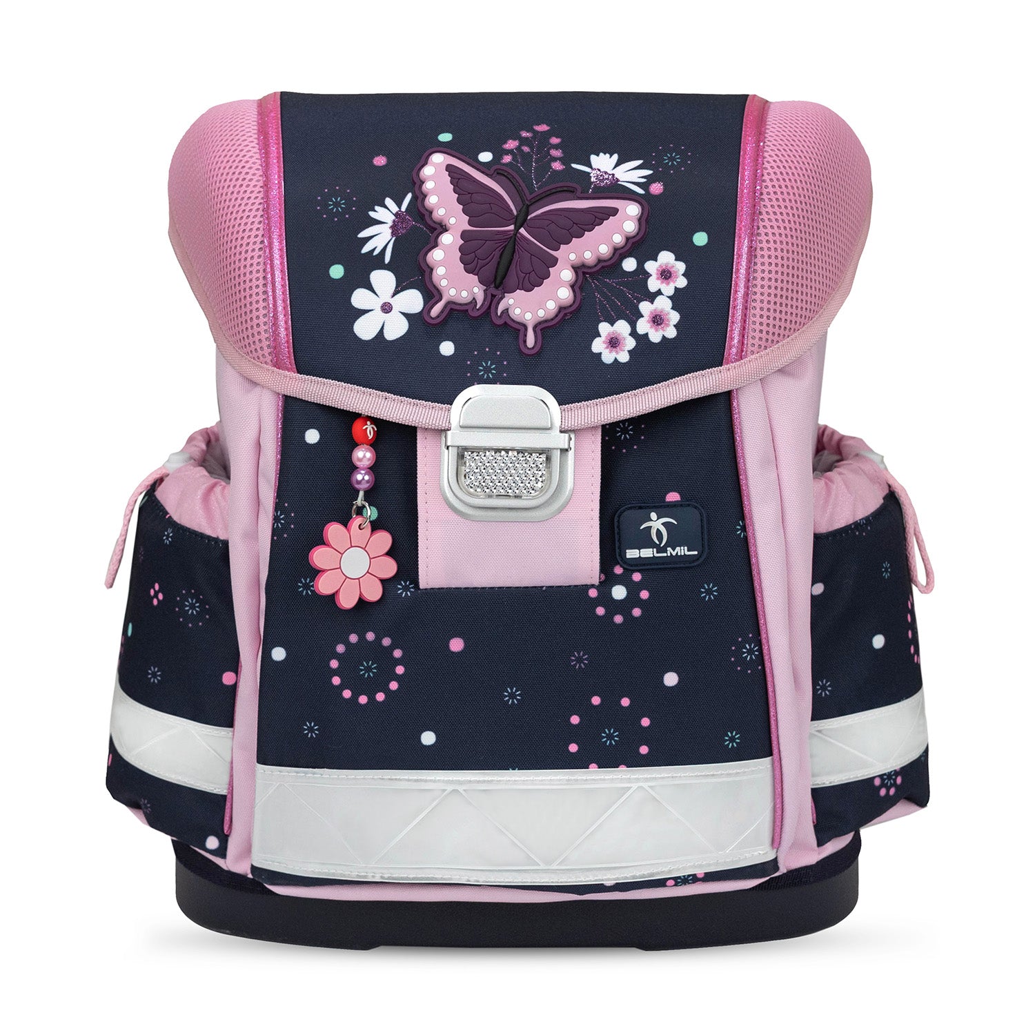 Detailed look at the padded shoulder straps of the Ergonomic School Bag Set for Girls – Belmil Classy Midnight Butterfly (4 pcs) highlighting comfort and ergonomic design.