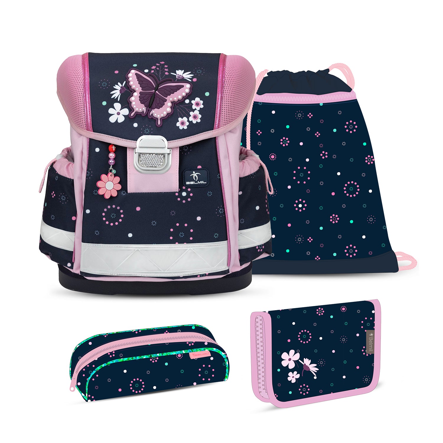 Front view of the Ergonomic School Bag Set for Girls – Belmil Classy Midnight Butterfly (4 pcs) showcasing its stylish dark navy design with glowing butterflies.