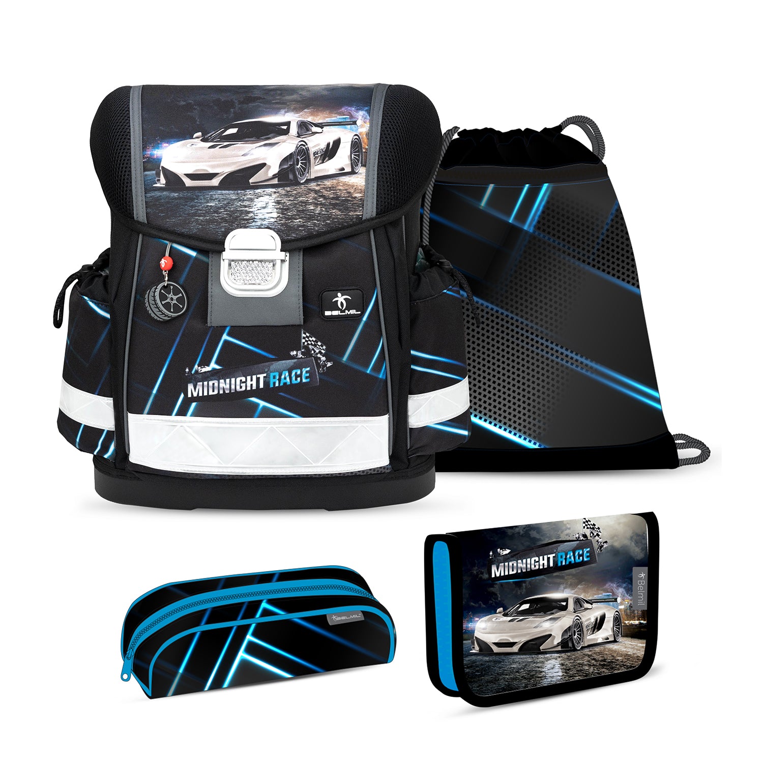 Ergonomic School Bag Set for Boys– Belmil Classy Midnight Turbo (4 pcs) featuring a sleek racing car design.