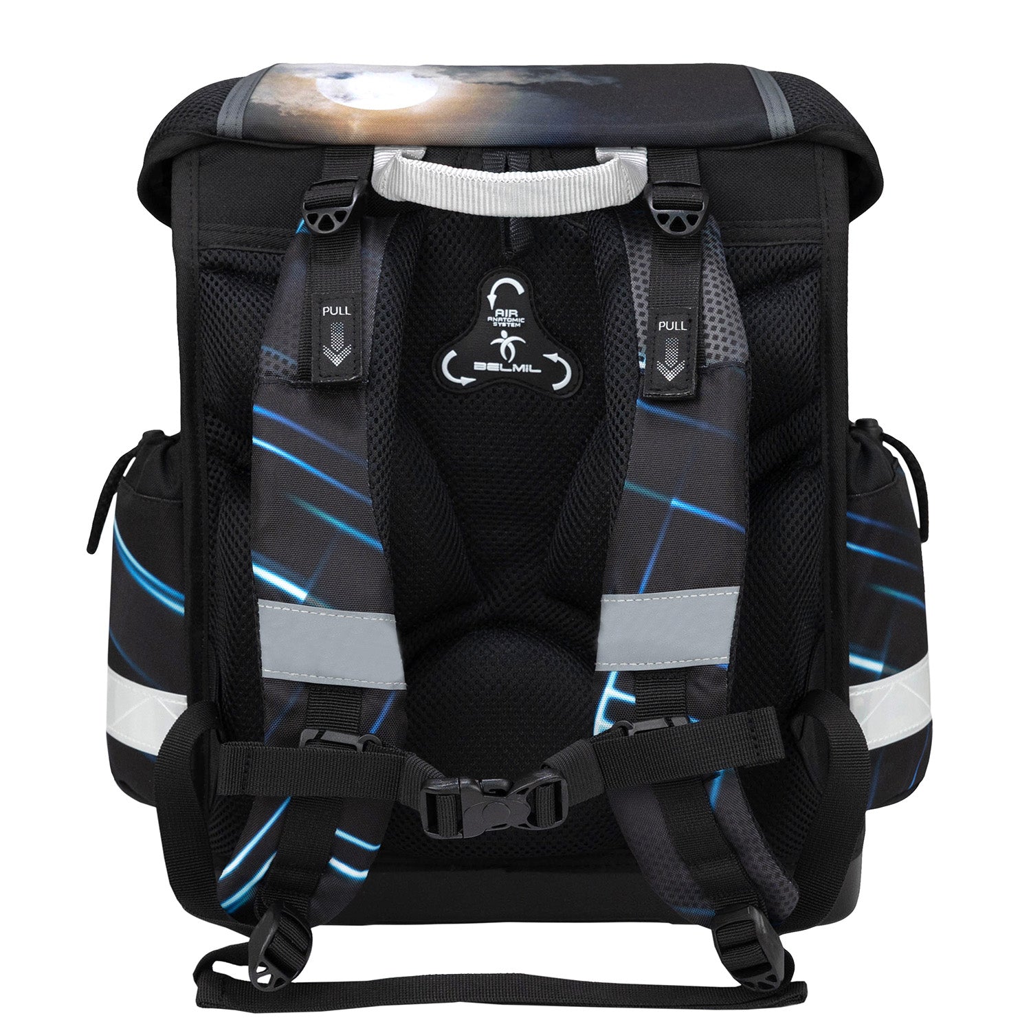 Stylish design of the Ergonomic School Bag Set for Boys– Belmil Classy Midnight Turbo (4 pcs) featuring a neon-blue color scheme.