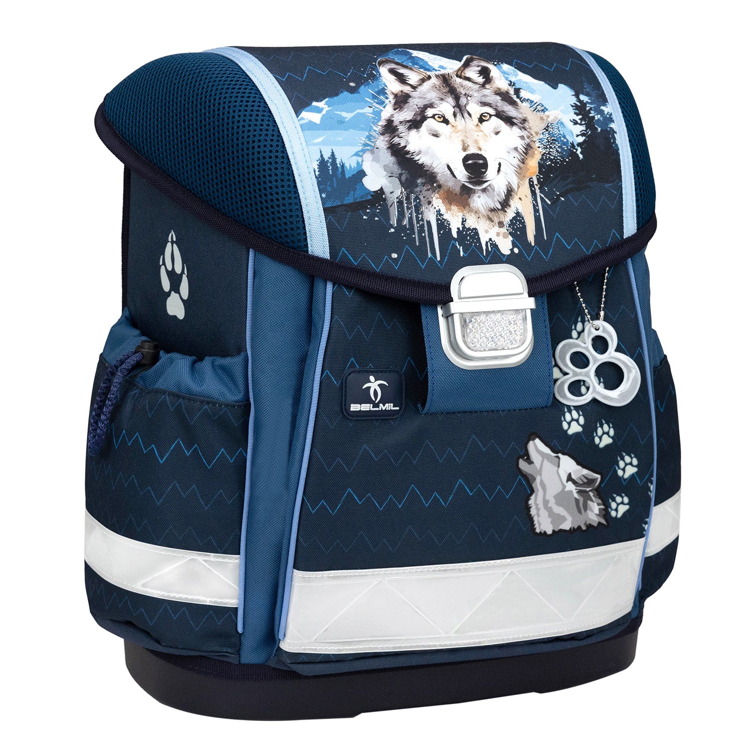 Illustration of the Ergonomic School Bag Set for Boys– Belmil Classy Northern Alpha (4 pcs) with highlight on reflective elements for safety during school commutes.