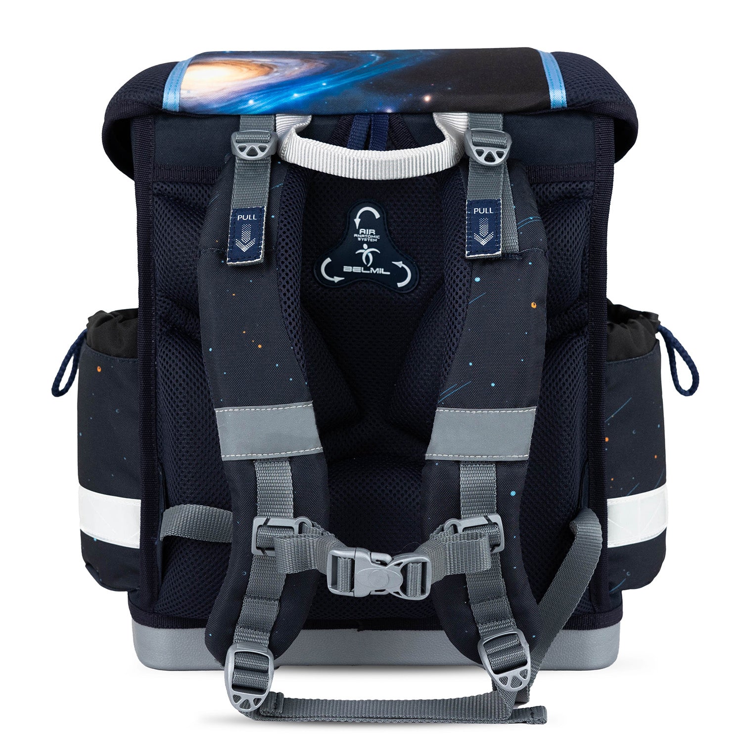 A closer look at the reflective elements on the Belmil Classy Ergonomic School Bag Set for Boys “Orion” Design + Dinosaur Raincoat – 5-Piece Back-to-School Bundle ensuring safety for kids.