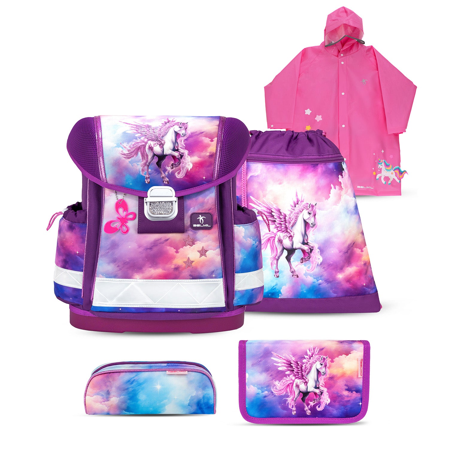 Belmil Classy Ergonomic School Bag Set for Girls “Pegasus” Design + Unicorn Raincoat – 5-Piece Back-to-School Bundle showing the vibrant purple school bag with pastel clouds and a magical Pegasus design.
