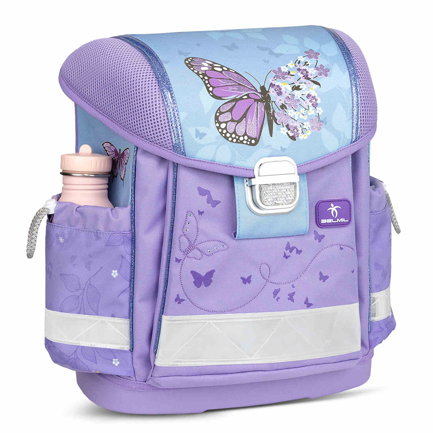 The delicate butterfly design of The Ergonomic School Bag Set for Girls – Belmil Classy Purple Blue Butterfly (5 pcs), perfect for nature-loving girls.