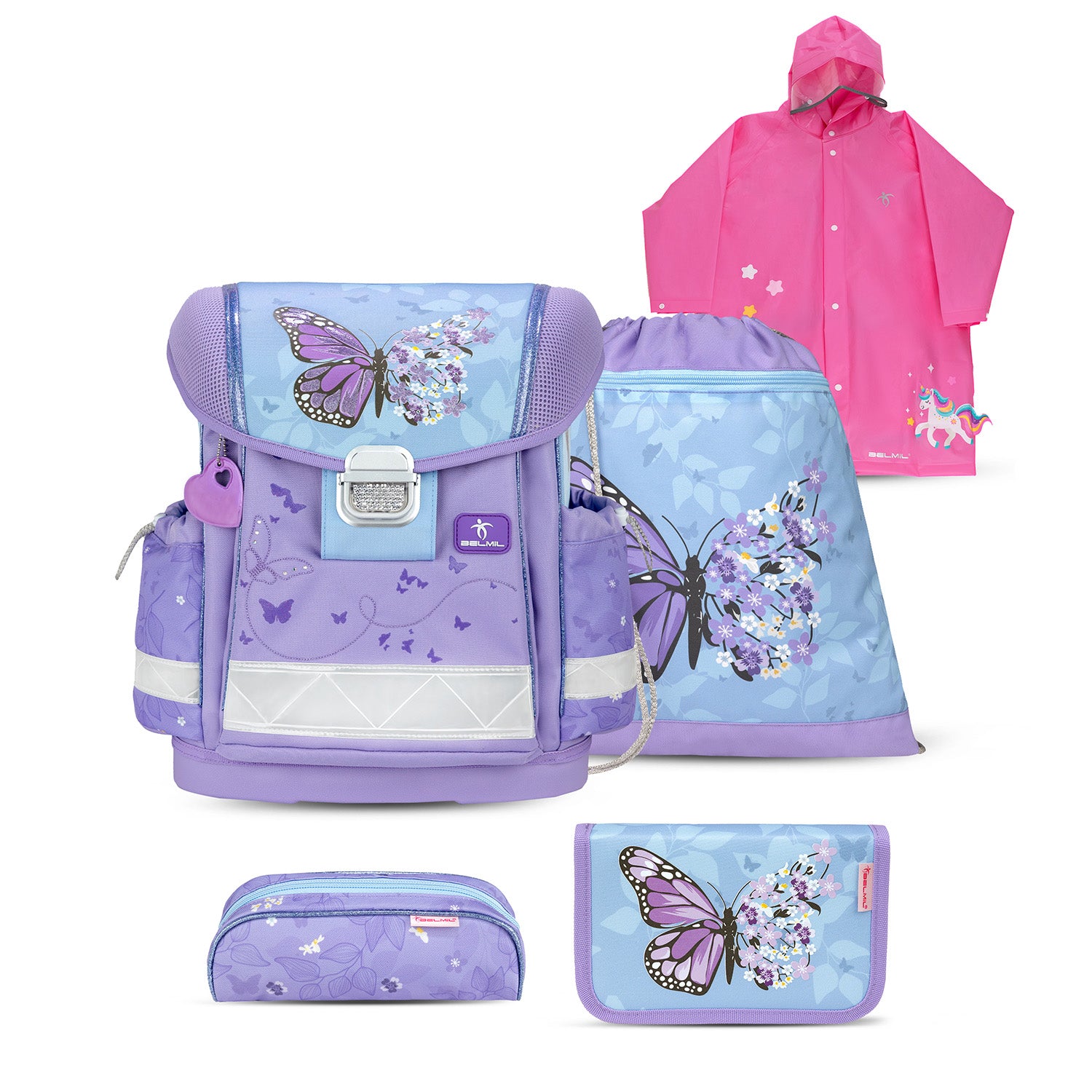 Belmil Classy Ergonomic School Bag Set for Girls “Purple Blue Butterfly” Design + Unicorn Raincoat – 4-Piece Back-to-School Bundle featuring the front view of the school bag with butterfly design.