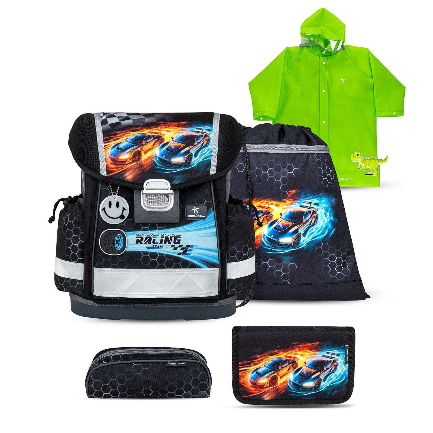 Belmil Classy Ergonomic School Bag Set for Boys “Race it” Design + Dinosaur Raincoat – 5-Piece Back-to-School Bundle displayed in a dynamic and colorful racing car theme for energetic young learners.