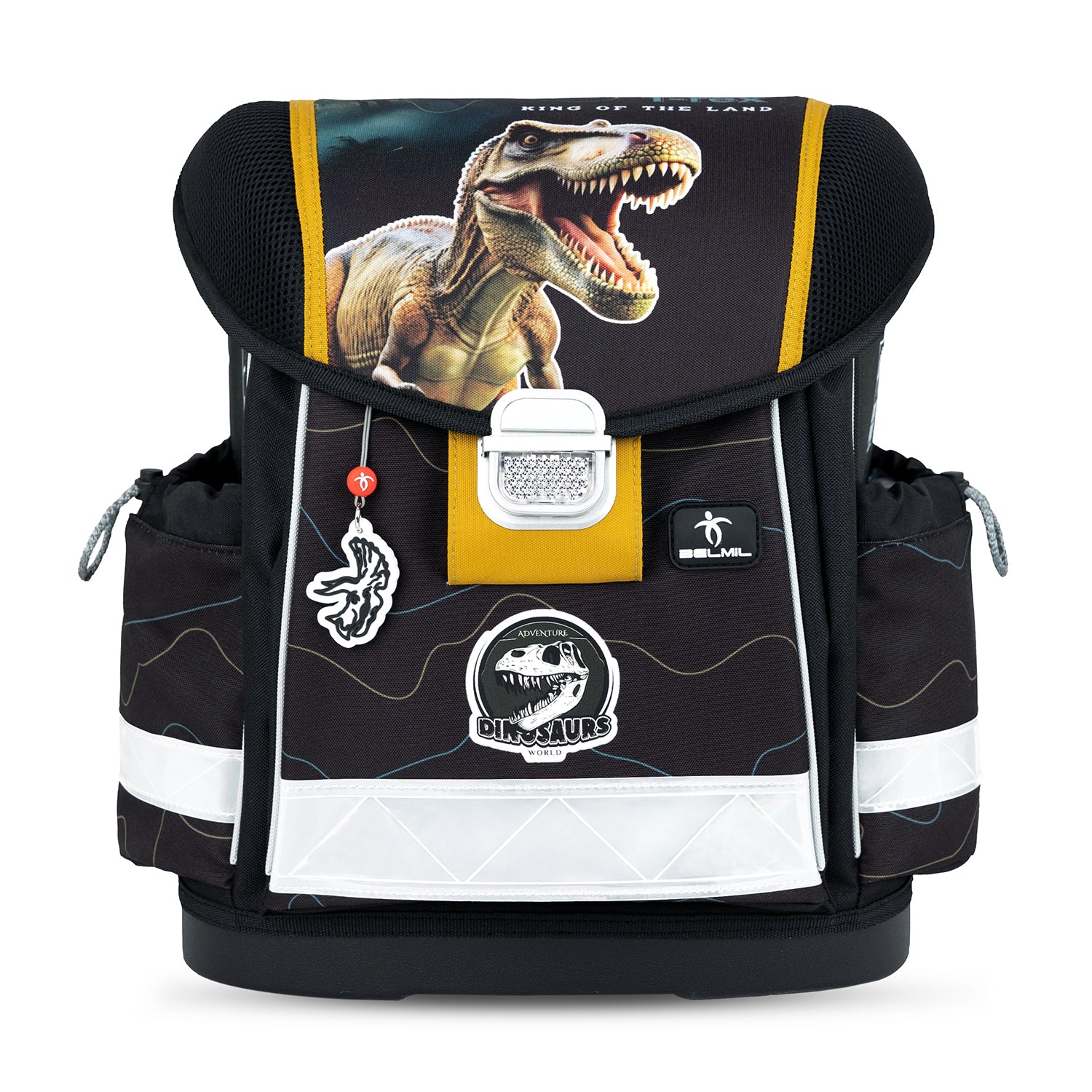 Side view of the Belmil Classy Ergonomic School Bag Set for Boys “Roar Storm” Design + Dinosaur Raincoat – 5-Piece Back-to-School Bundle highlighting the padded shoulder straps and multiple compartments.