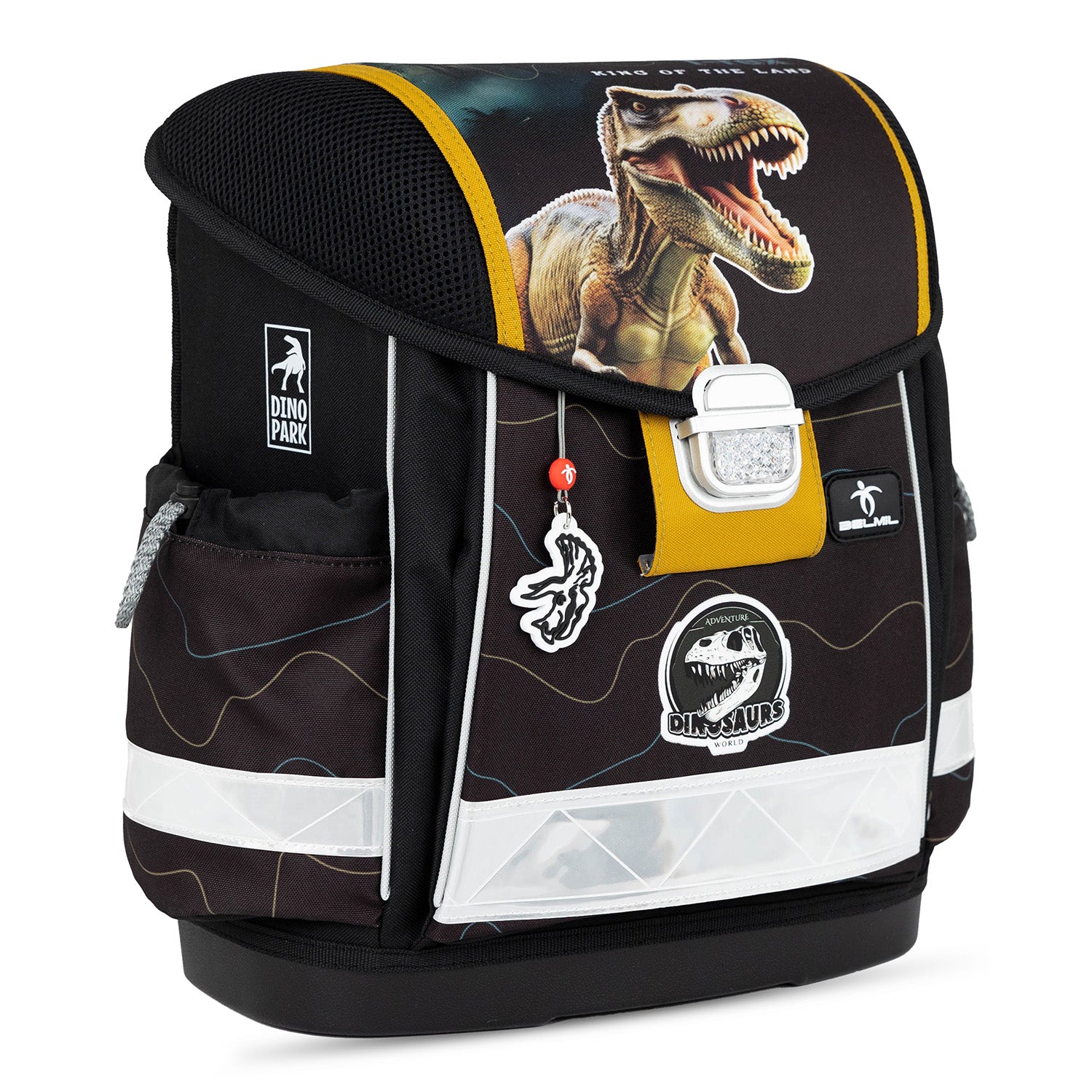 The Belmil Classy Ergonomic School Bag Set for Boys “Roar Storm” Design + Dinosaur Raincoat – 5-Piece Back-to-School Bundle displayed with the included drawstring gym bag and two pencil cases designed for optimal school organization.