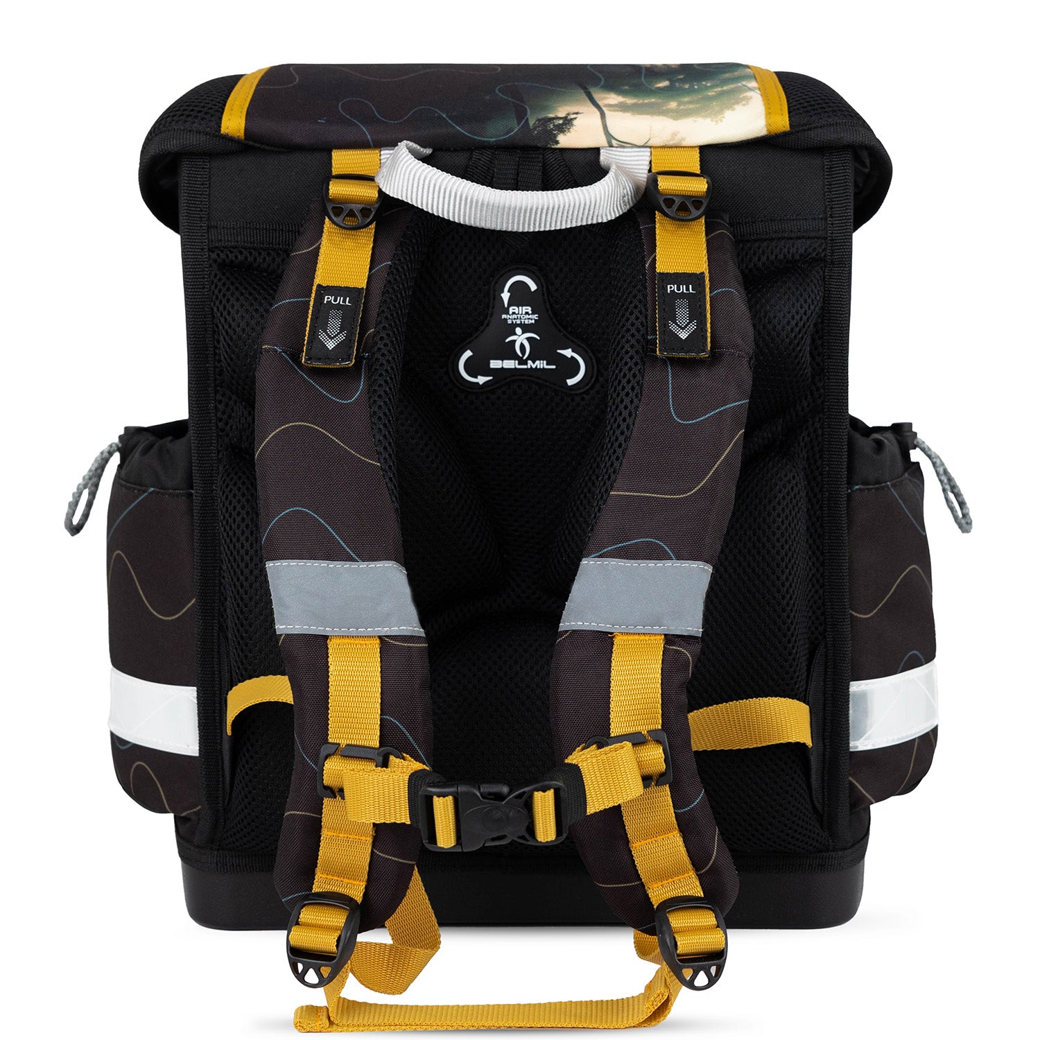 Back view of the Belmil Classy Ergonomic School Bag Set for Boys “Roar Storm” Design + Dinosaur Raincoat – 5-Piece Back-to-School Bundle showing the ergonomic design and reflective elements for safety.