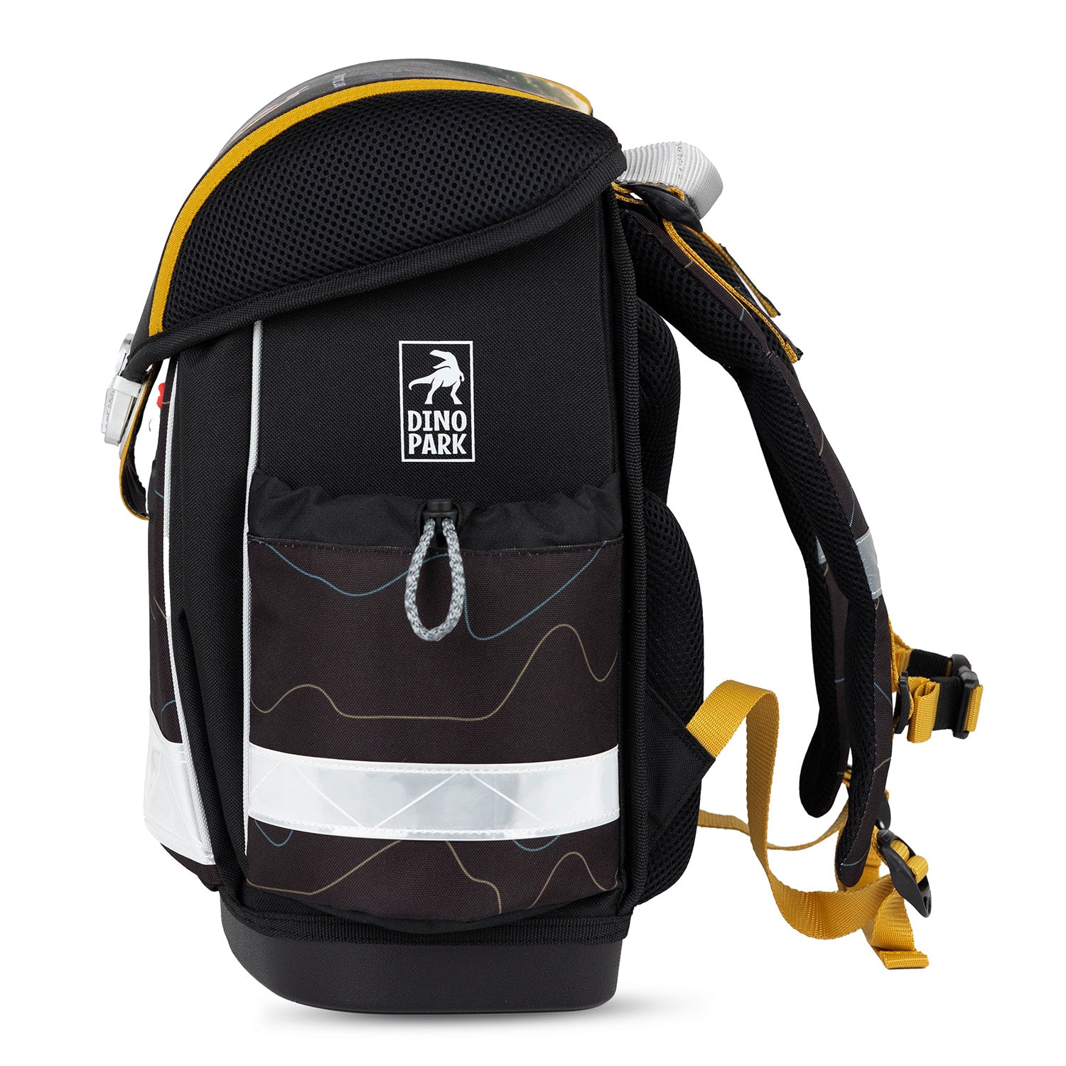 Close-up of the dinosaur raincoat included in the Belmil Classy Ergonomic School Bag Set for Boys “Roar Storm” Design + Dinosaur Raincoat – 5-Piece Back-to-School Bundle featuring the expandable back that fits over the school bag.