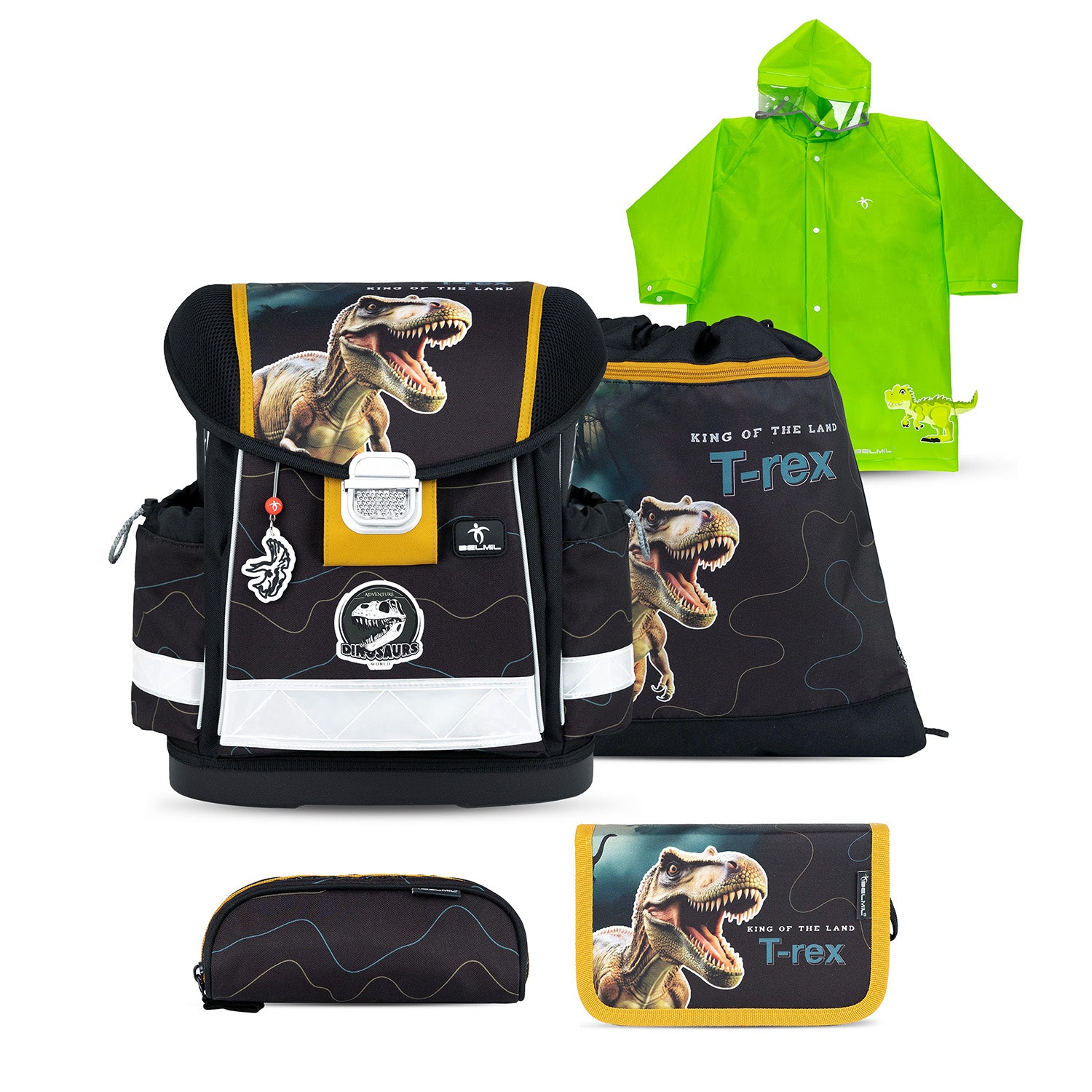Front view of the Belmil Classy Ergonomic School Bag Set for Boys “Roar Storm” Design + Dinosaur Raincoat – 5-Piece Back-to-School Bundle showcasing the fierce T-Rex graphics and vibrant color scheme.