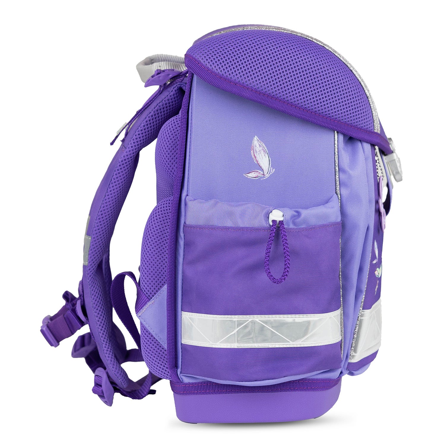 Ergonomic design features of the Belmil Classy Ergonomic School Bag Set for Girls “Starlight Wings” Design + Unicorn Raincoat – 4-Piece Back-to-School Bundle, focusing on padded shoulder straps.
